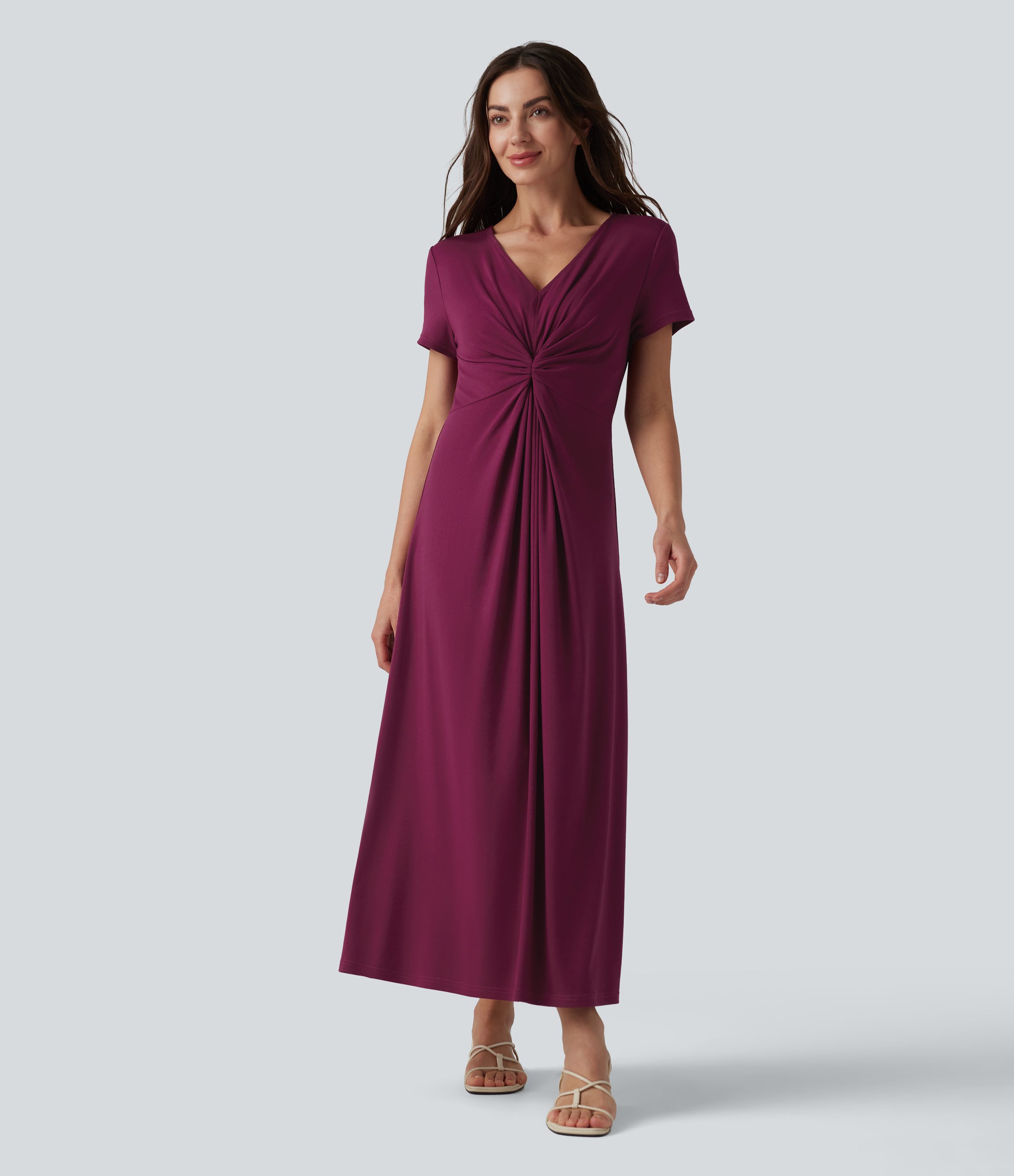 Robe décontractée midi col V manches courtes