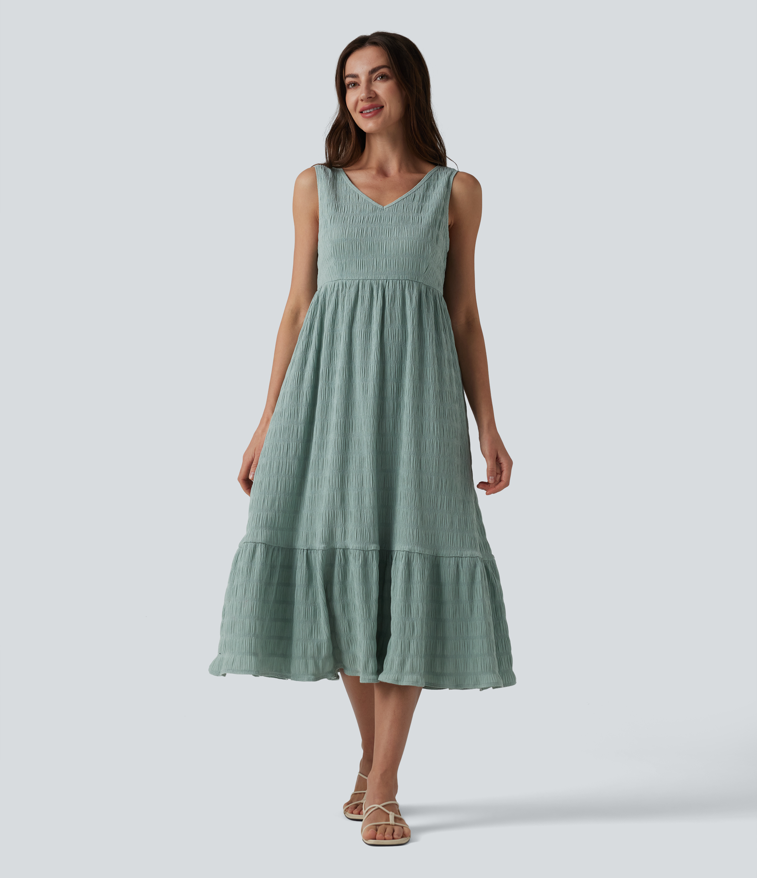 V Neck Sleeveless Midi Casual Dress