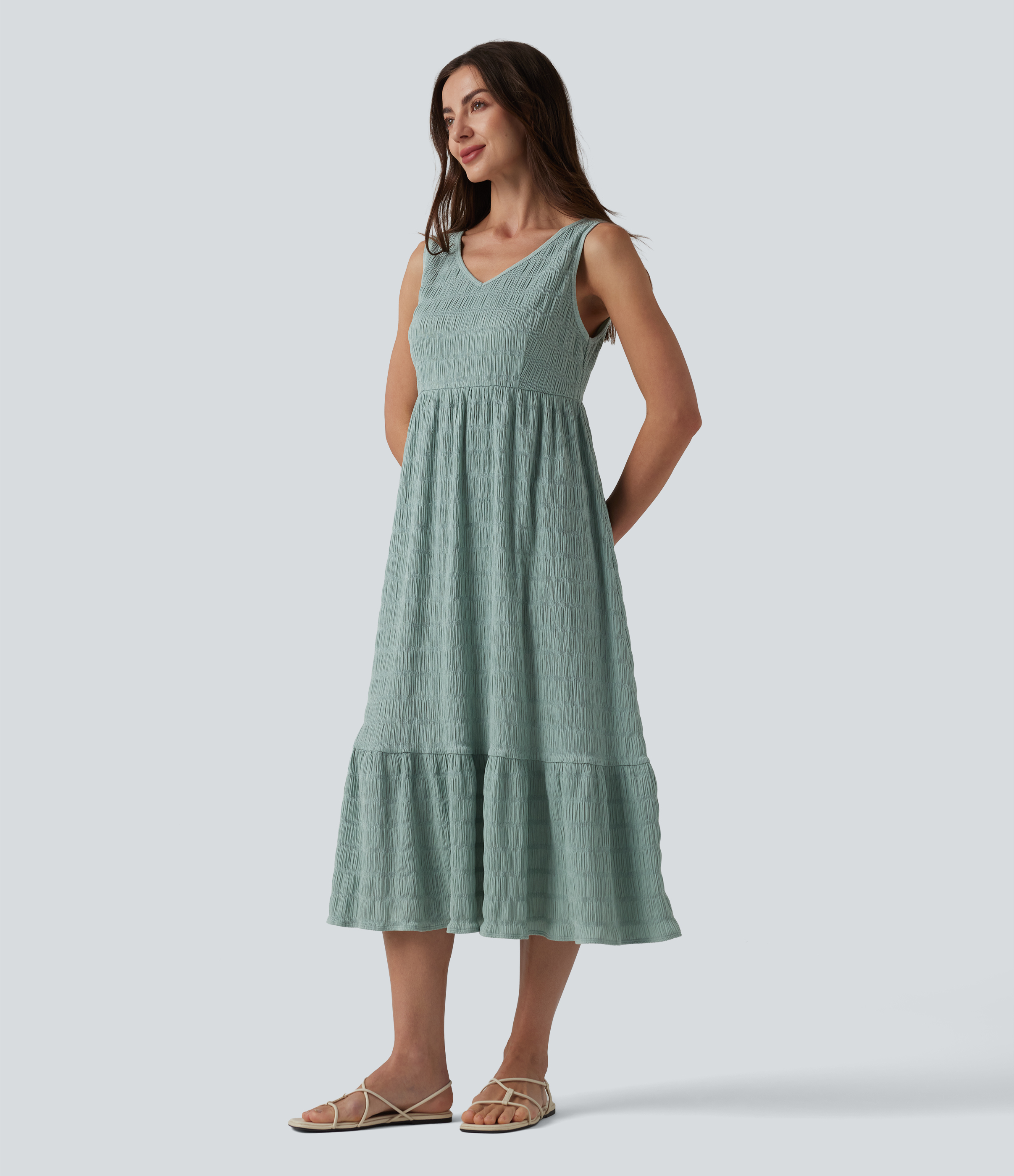 V Neck Sleeveless Midi Casual Dress