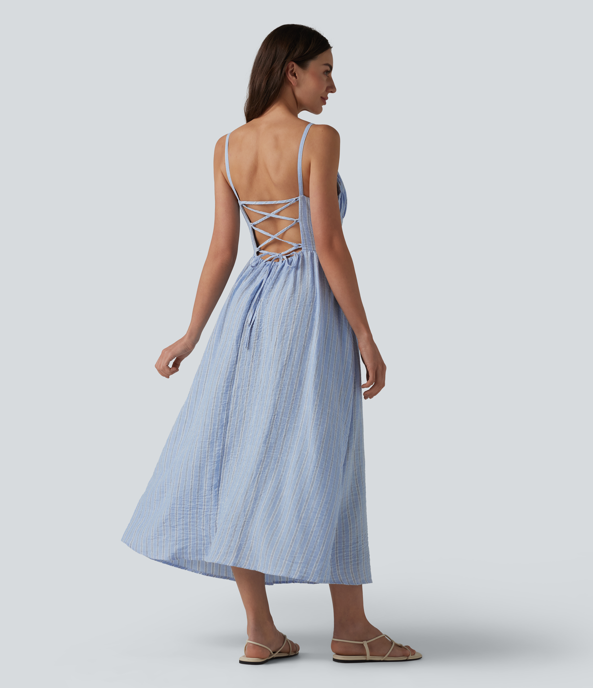 Corset Lace Up Stripe Flowy Midi Casual Slip Dress with Pockets