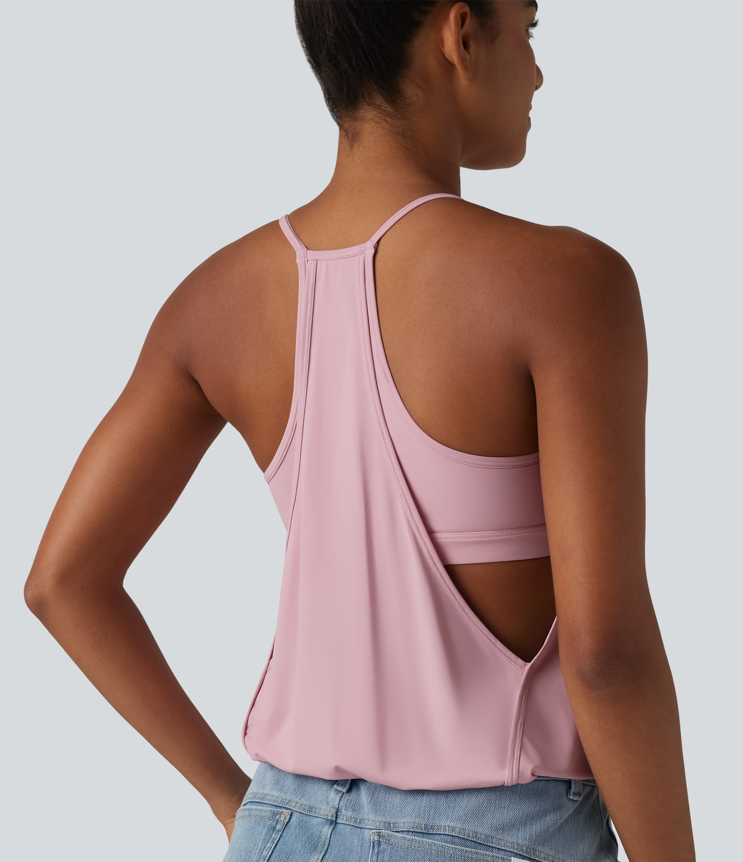 U-Neck Ruched 2-in-1 Built-in Bra Cool Touch Quick Dry Casual Tank Top-UPF50+