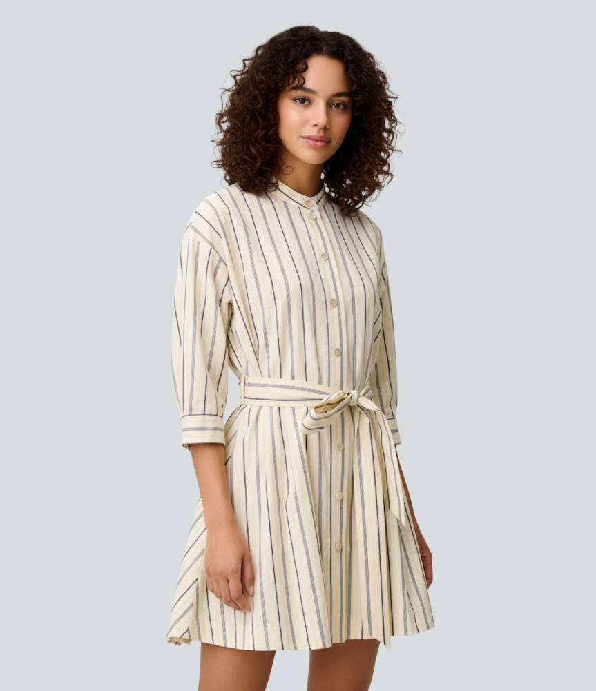Half Sleeve Belted Stripe Mini Work Shirt Dress
