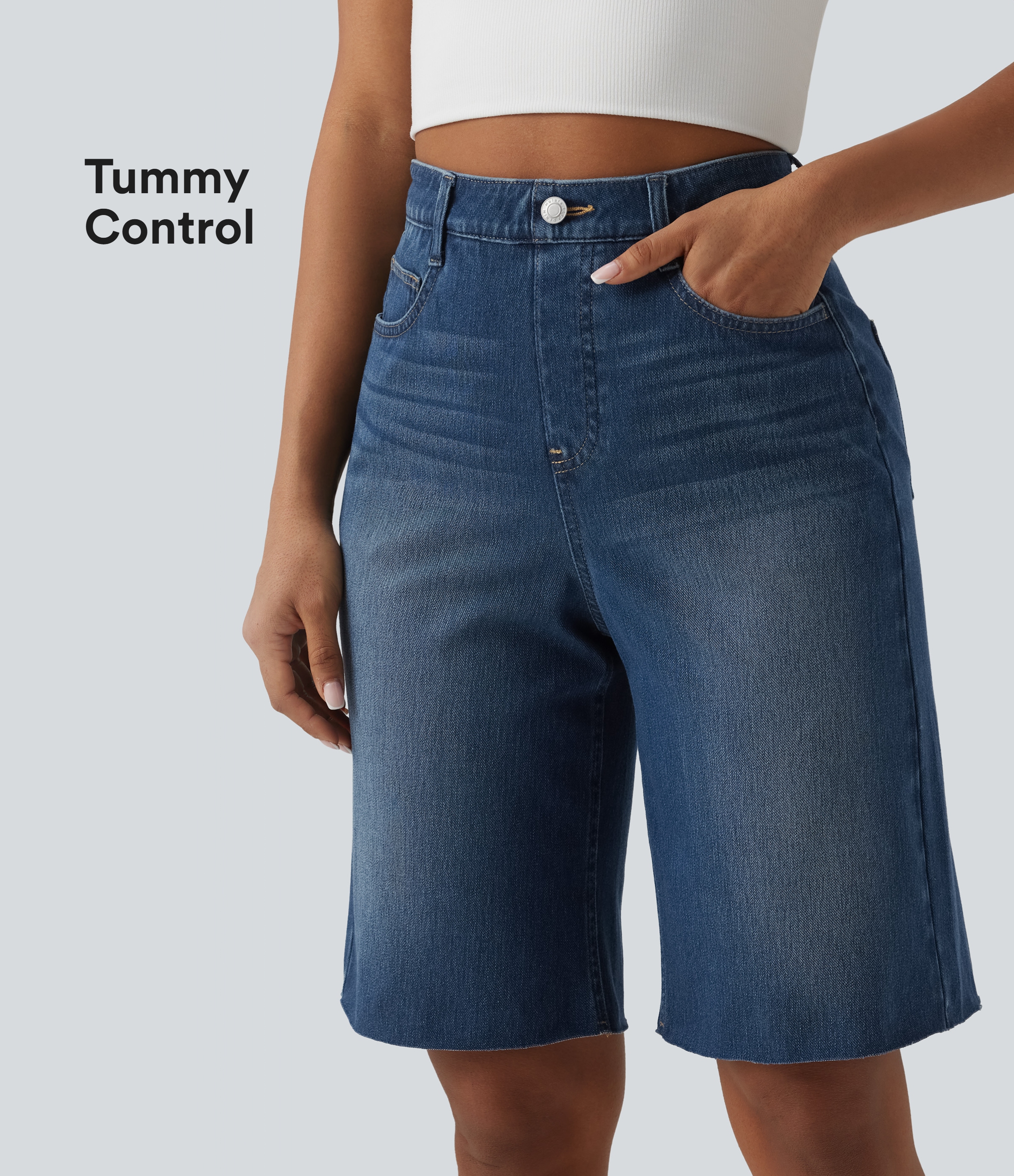 Halara Flex™ - Lässige Bermuda-Shorts aus Denim mit hohem Bund, mehreren Taschen und Bauchkontrolle