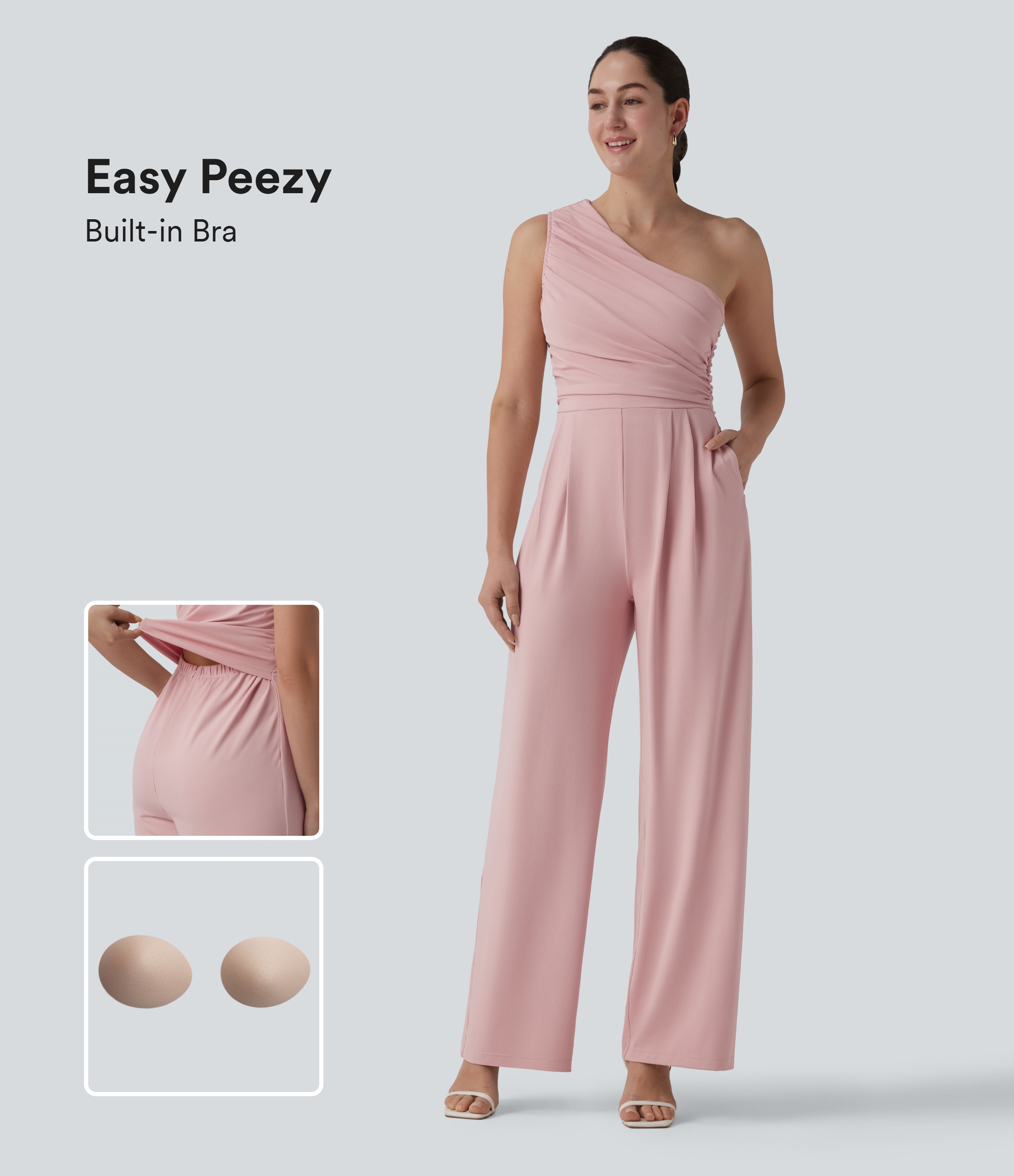 Ärmelloser, geraffter Jumpsuit mit Seitentaschen, integriertem BH und One-Shoulder-Design - Easy Peezy