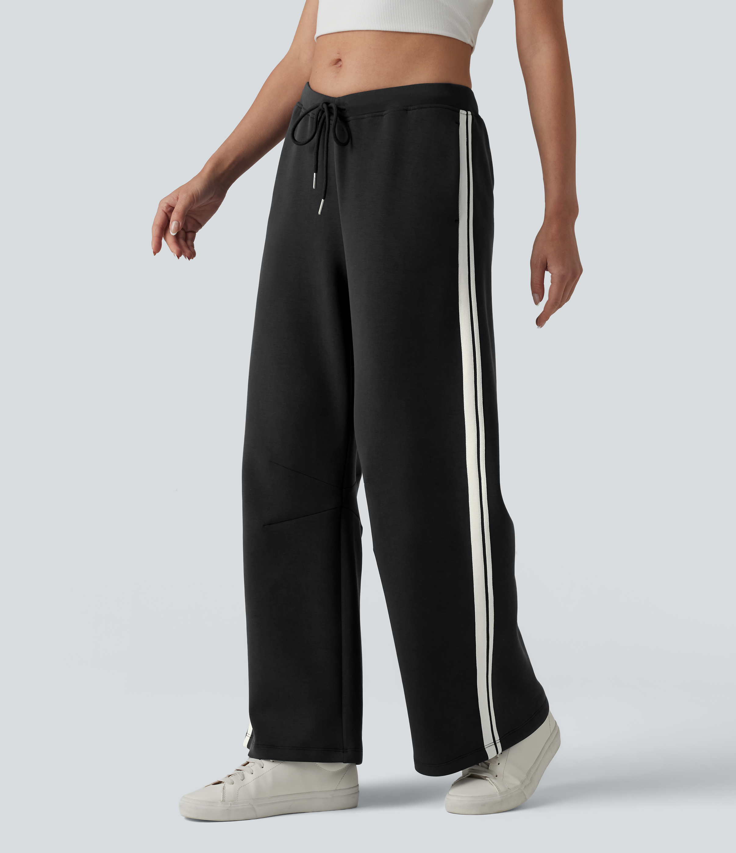 SpacerTek™ V Shaped Low Rise Drawstring Wide Leg Stripe Casual Pants with Pockets