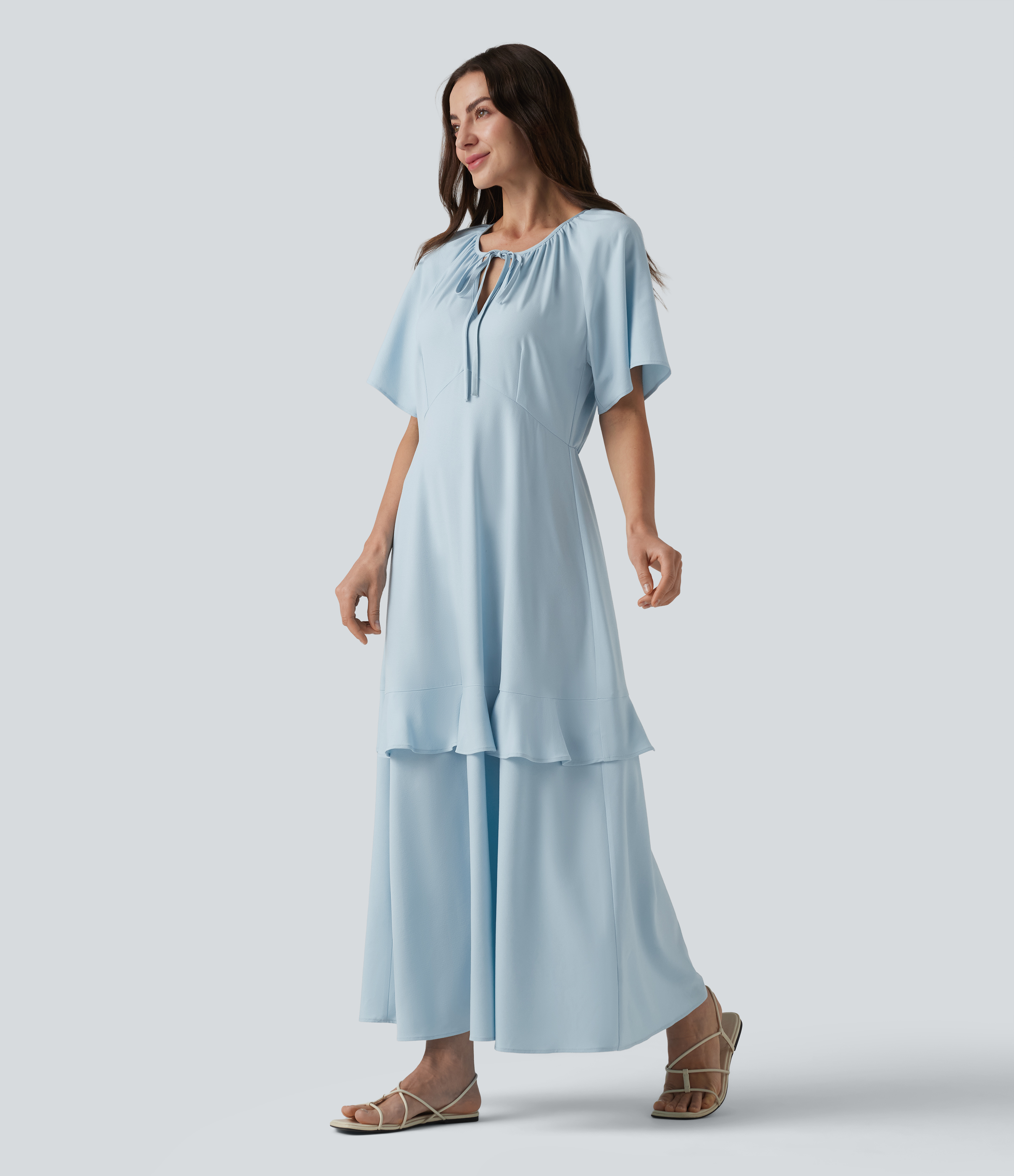 Wrinkle-resistant V-neck Short Sleeve Ruffle Tiered Midi Resort Flowy Dress