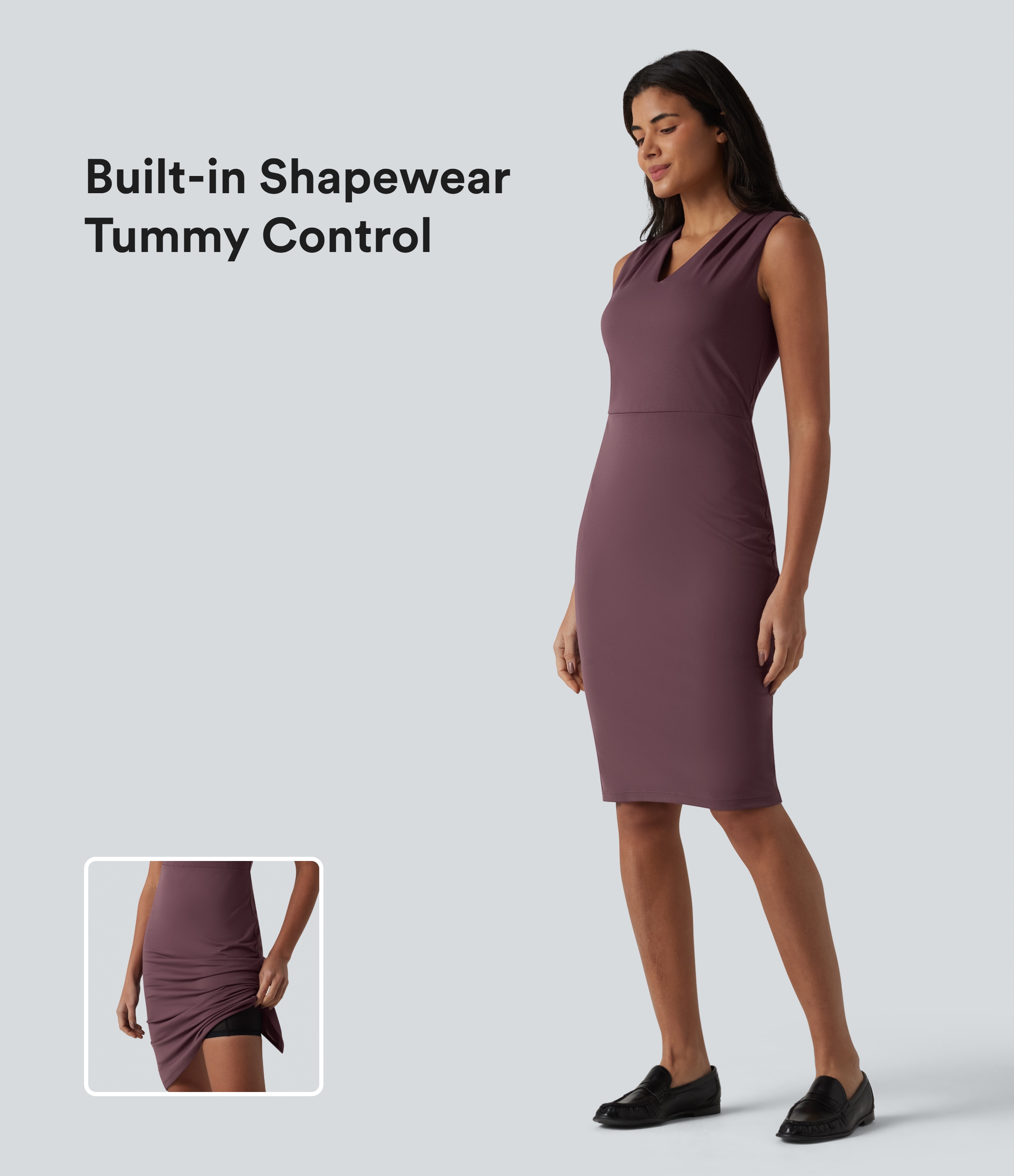 V Neck Sleeveless Tummy Control Built-in Shapewear Midi Work Dress