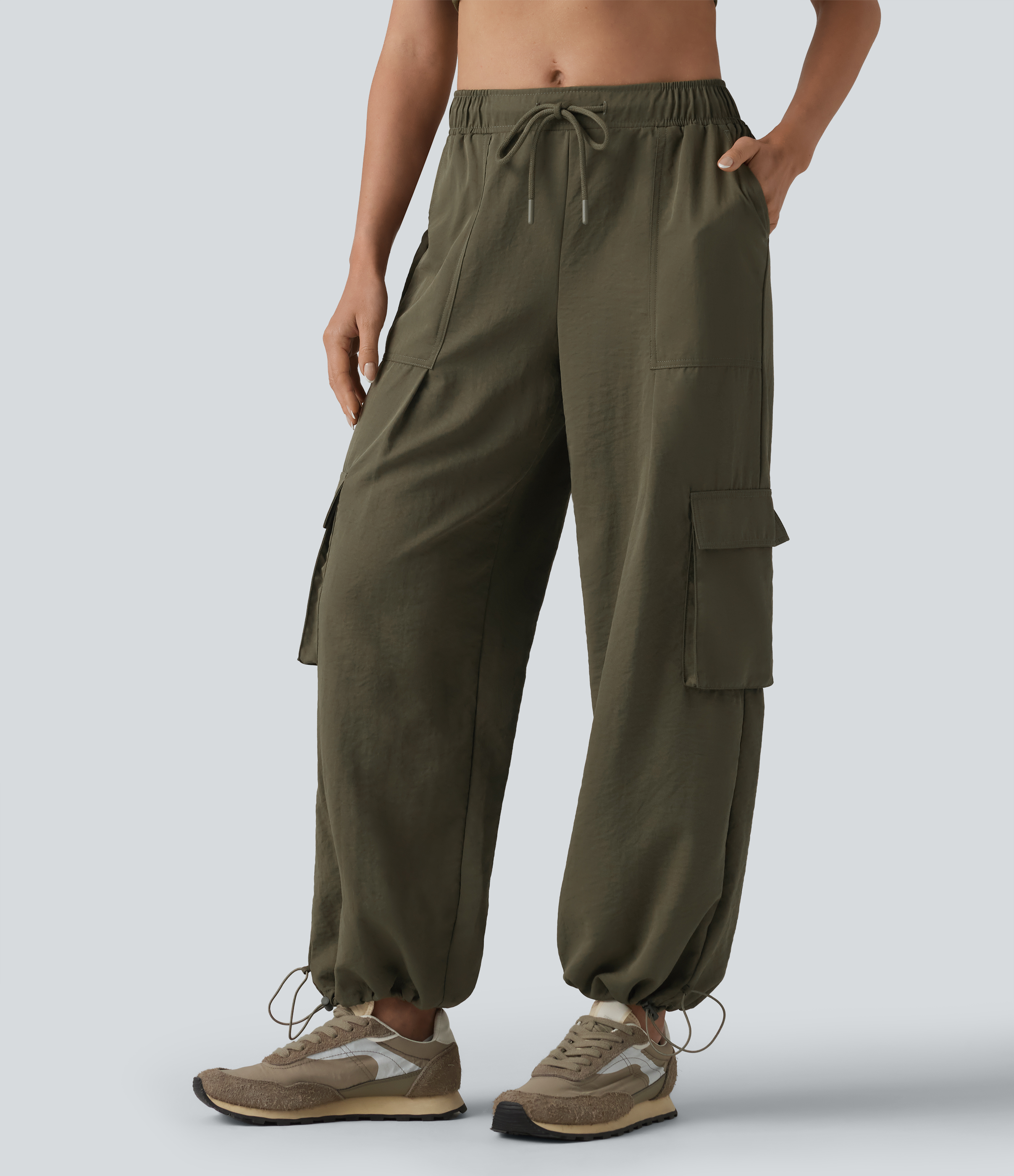 Mid Rise Drawstring Barrel Leg Casual Cargo Joggers with Pockets