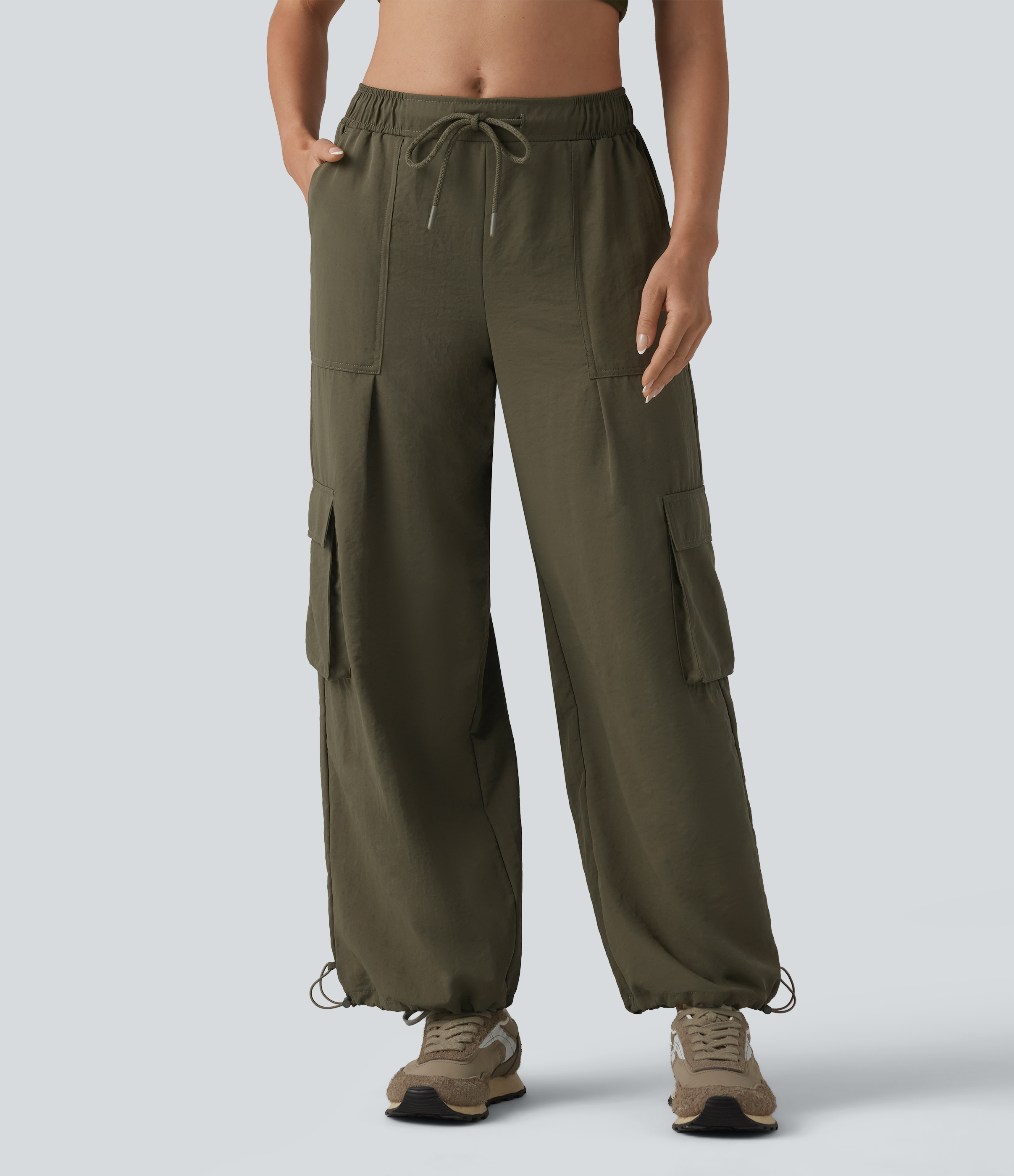 Mid Rise Drawstring Barrel Leg Casual Cargo Joggers with Pockets