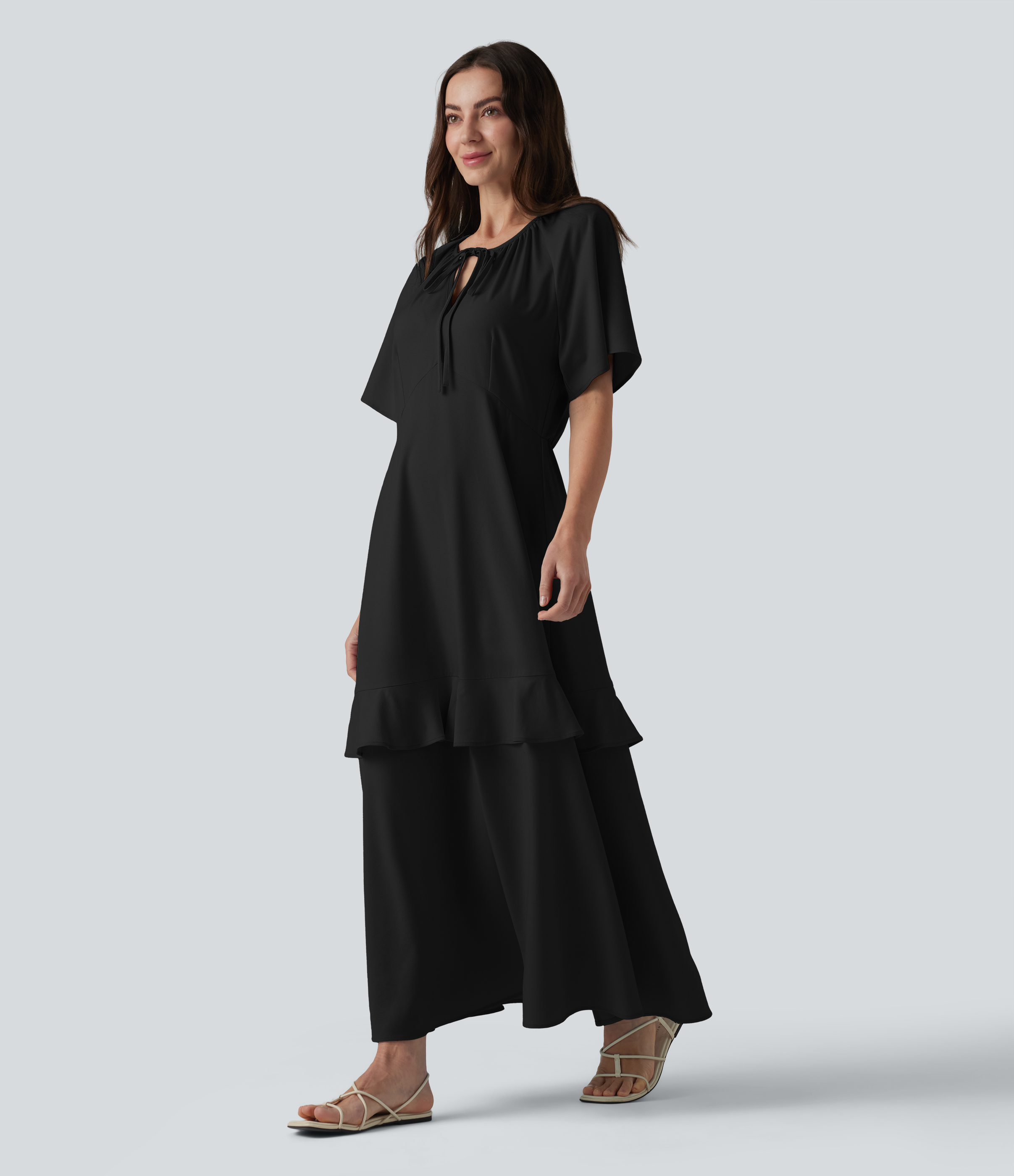 V-neck Short Sleeve Ruffle Tiered Midi Resort Flowy Dress