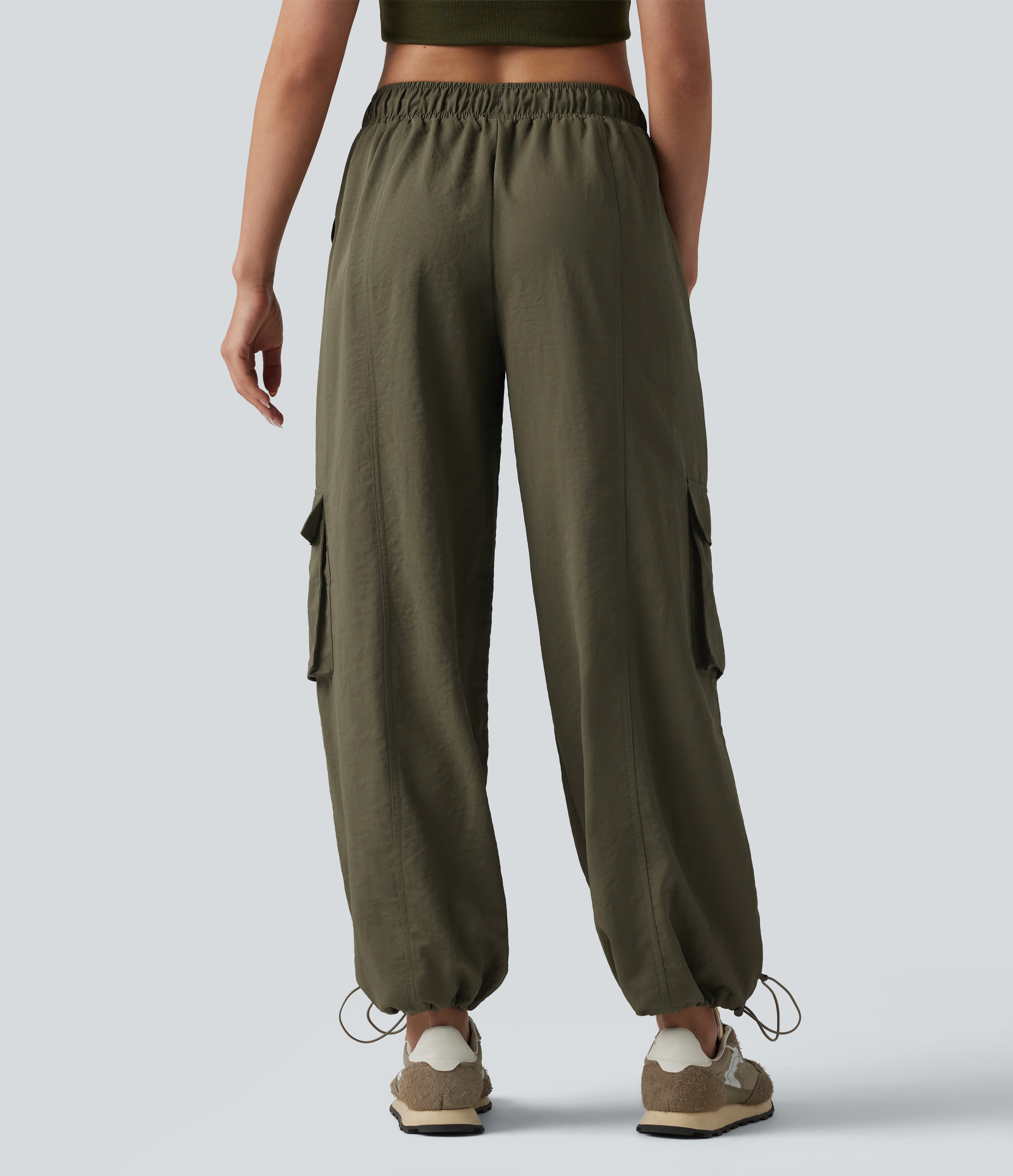 Ivy Green Mid Rise Drawstring Barrel Leg Casual Cargo Joggers with Pockets / 2
