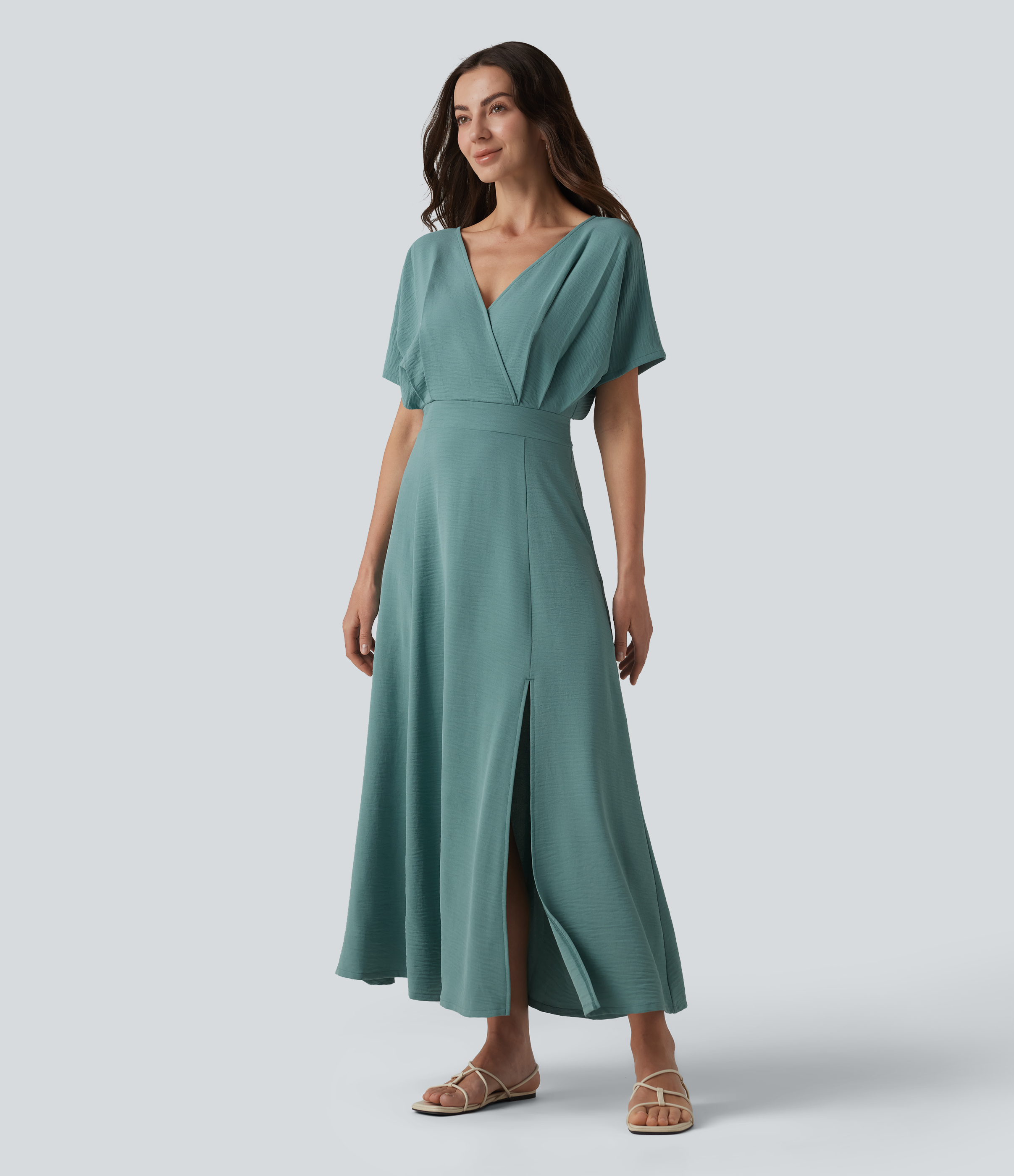 Robe midi col V manches courtes aspect lin avec poches