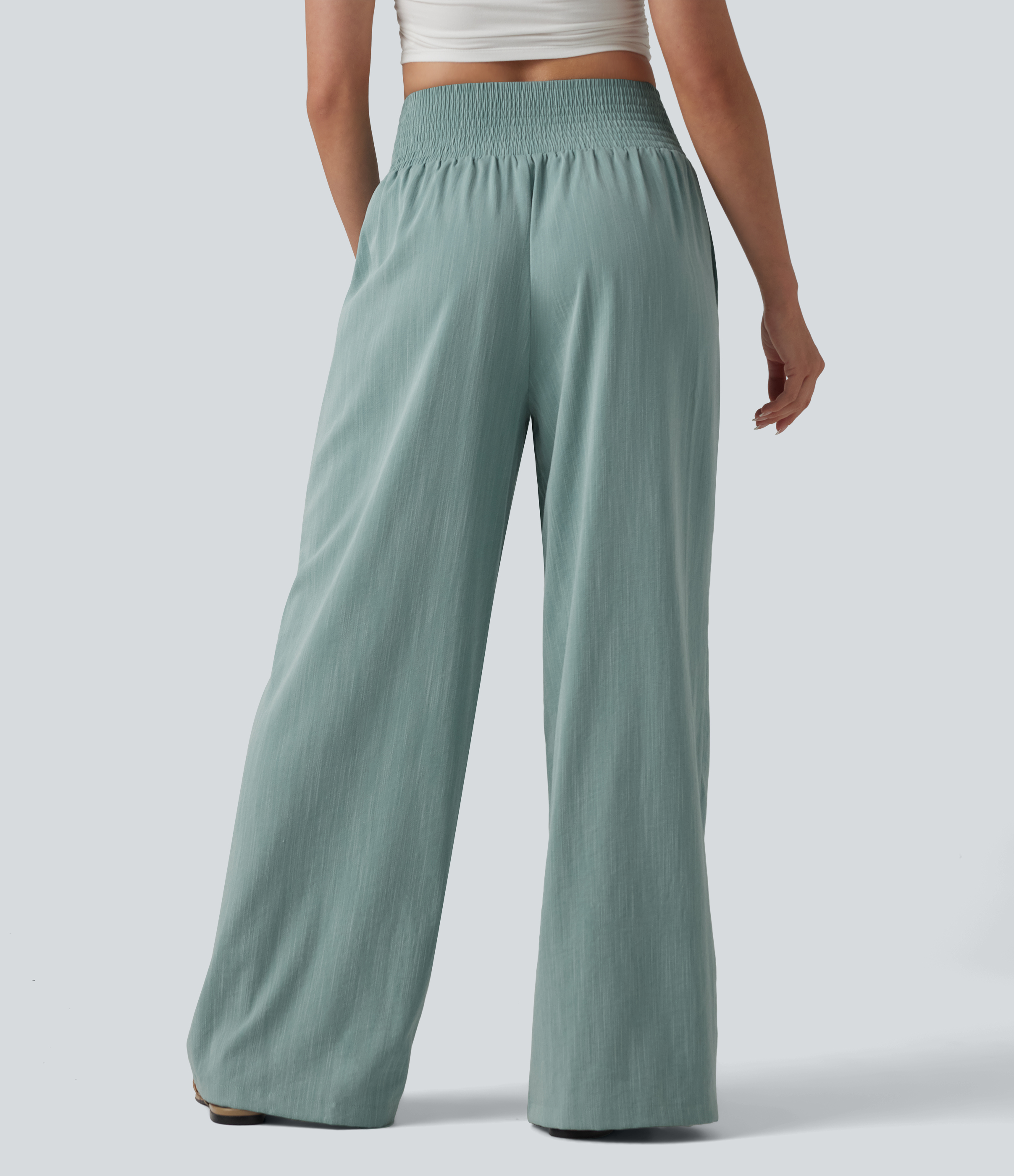 Silverwood Sage Pantalon baggy effet lin taille haute croisée avec détails froncés et poche / 2