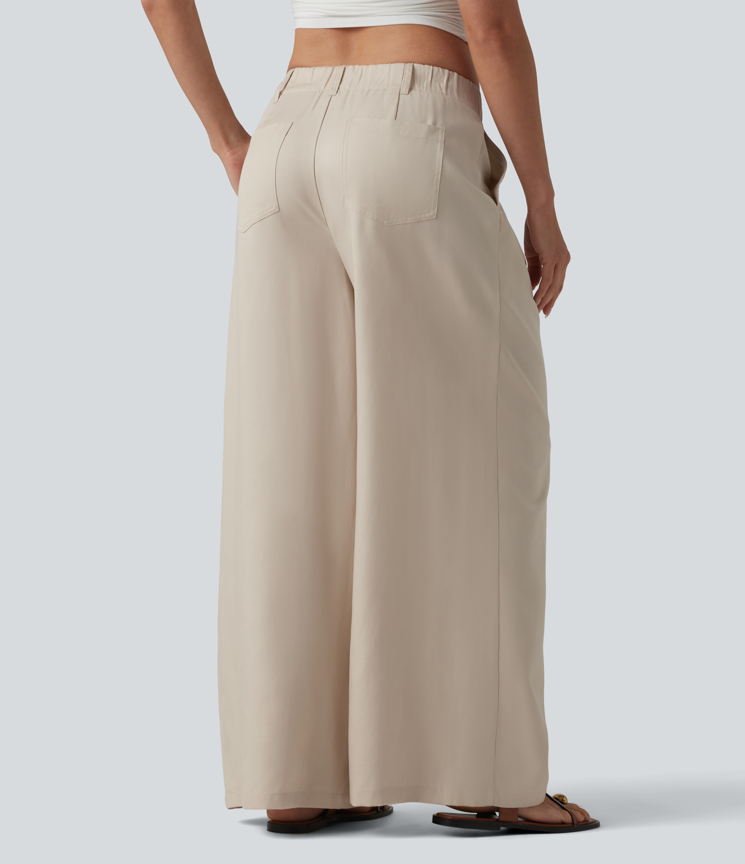 French Oak Mid Rise Pleated Lyocell Linen-Blend Casual Baggy Pants with Pockets / 2