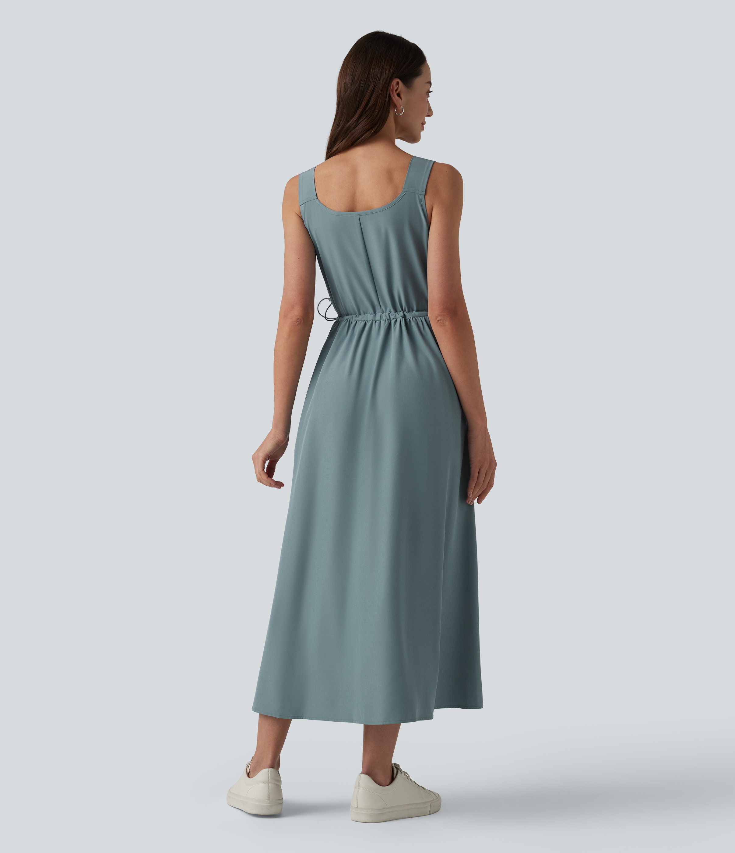 Stone Blue Vestito midi casual senza maniche con scollo a V e tasche / 2