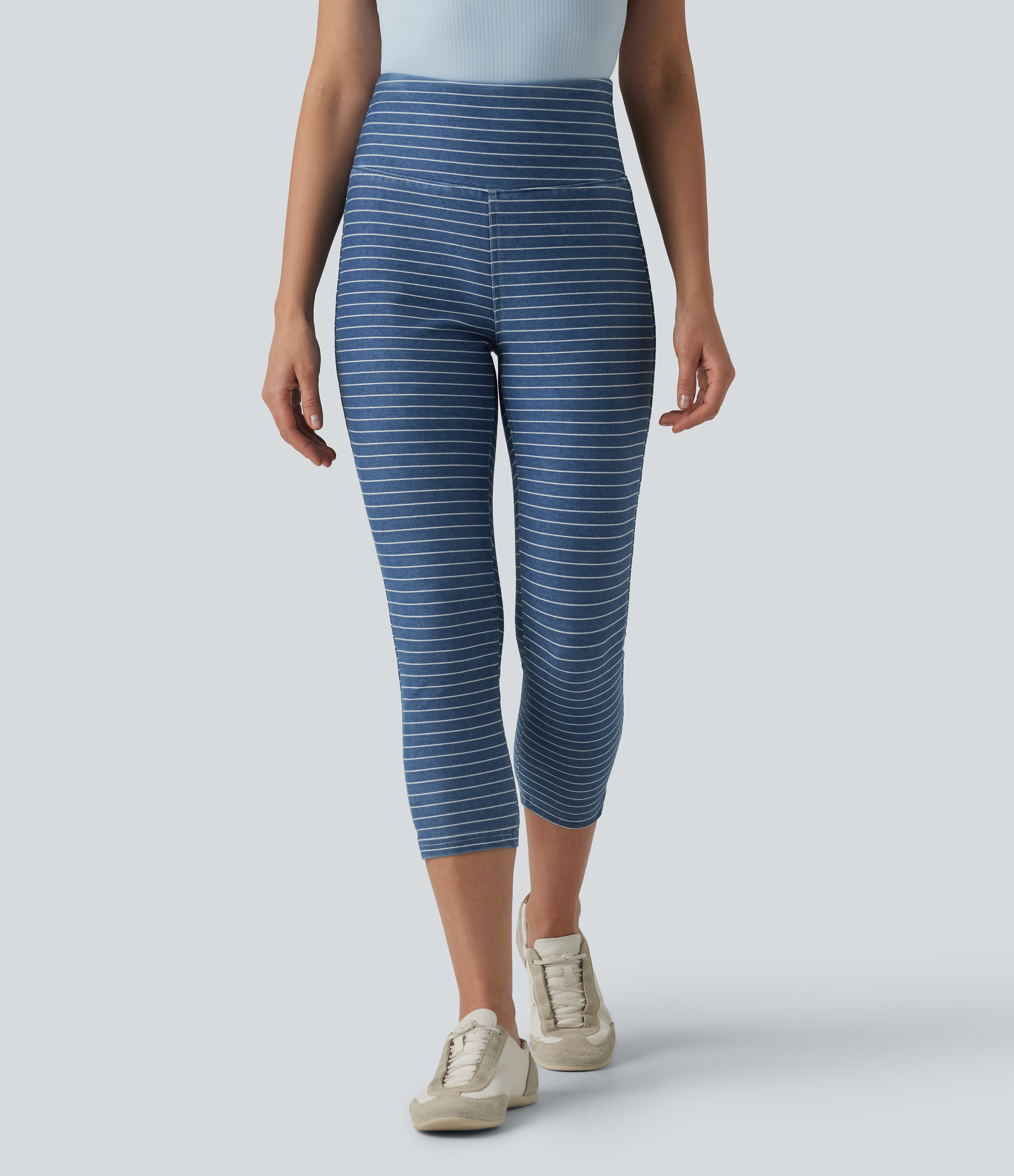Halara Flex™ High Waisted Tummy Control Split Stripes Denim Casual Capri Leggings with Pockets