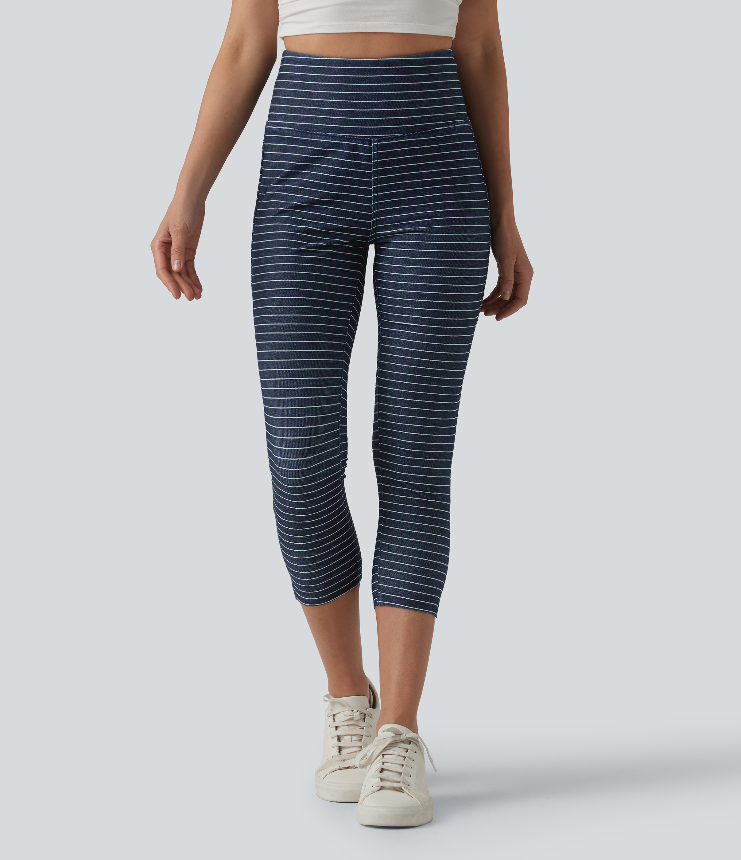 Halara Flex™ High Waisted Tummy Control Split Stripes Denim Casual Capri Leggings with Pockets