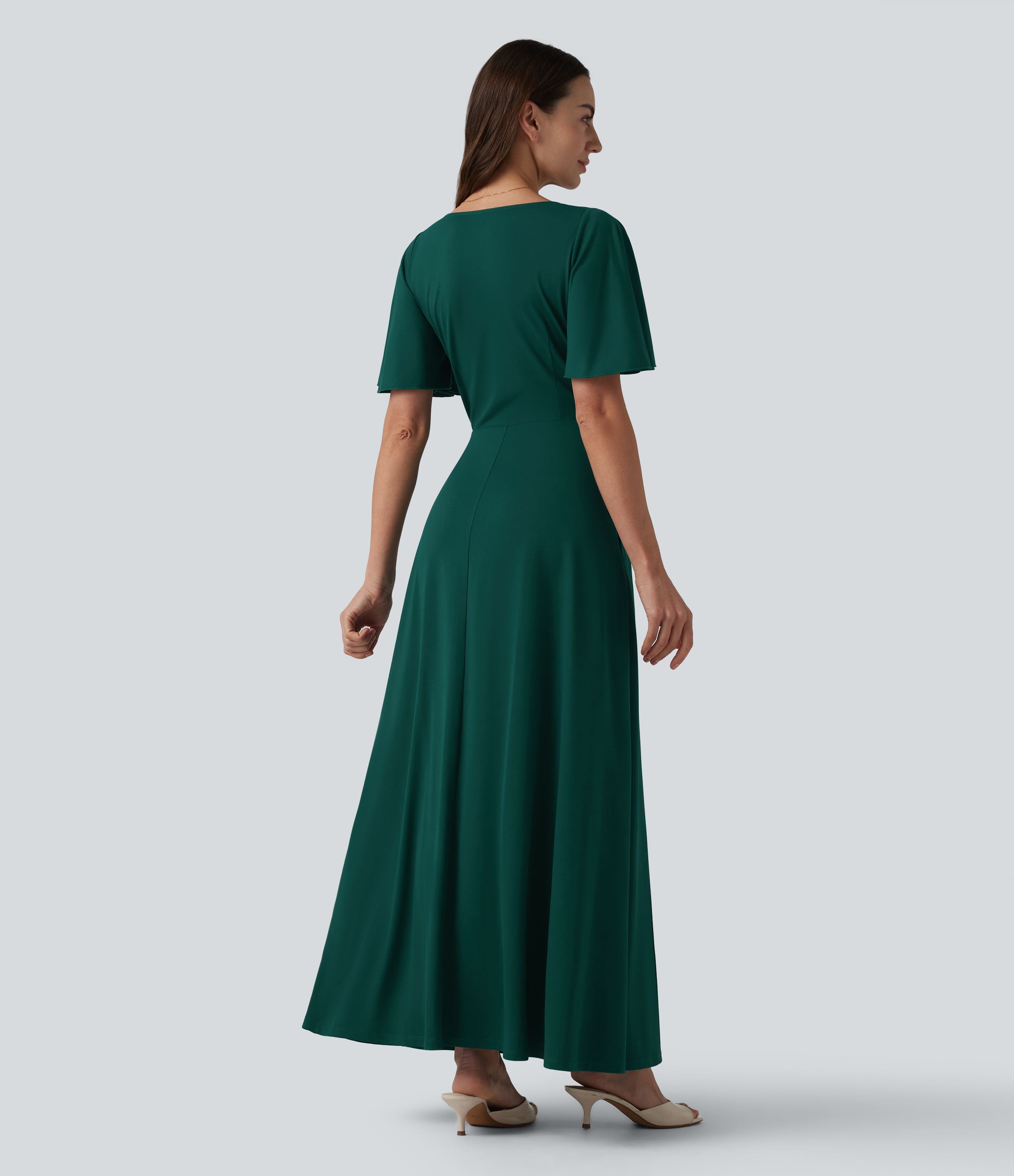 Rain Forest Deep V-neck Flounce Sleeve Split Built-in Bra Maxi Flowy Bridesmaid and Wedding Guest Dress with Pockets / 2