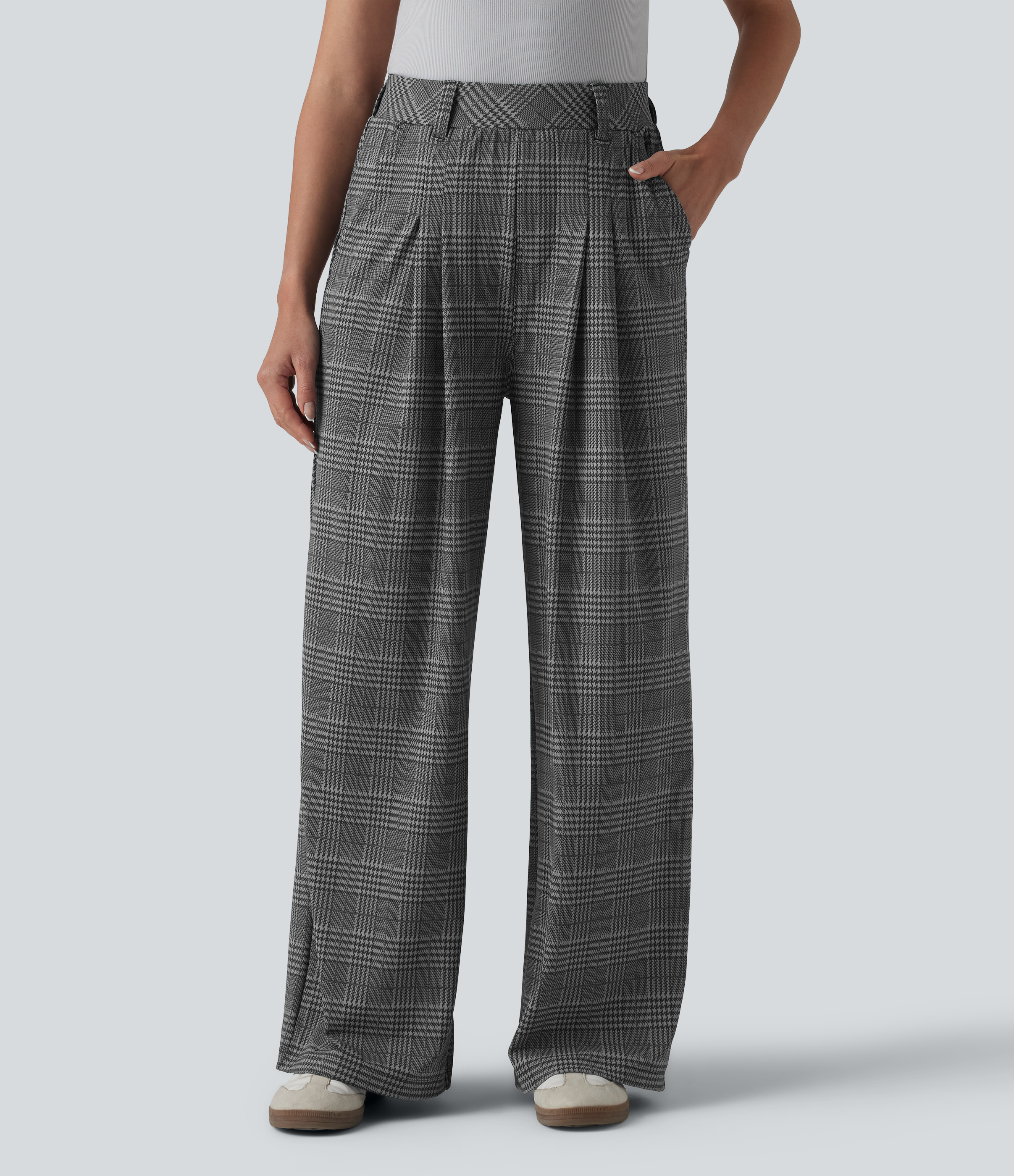 High Waisted Wide Leg Houndstooth Plaid Casual Trousers with Pockets