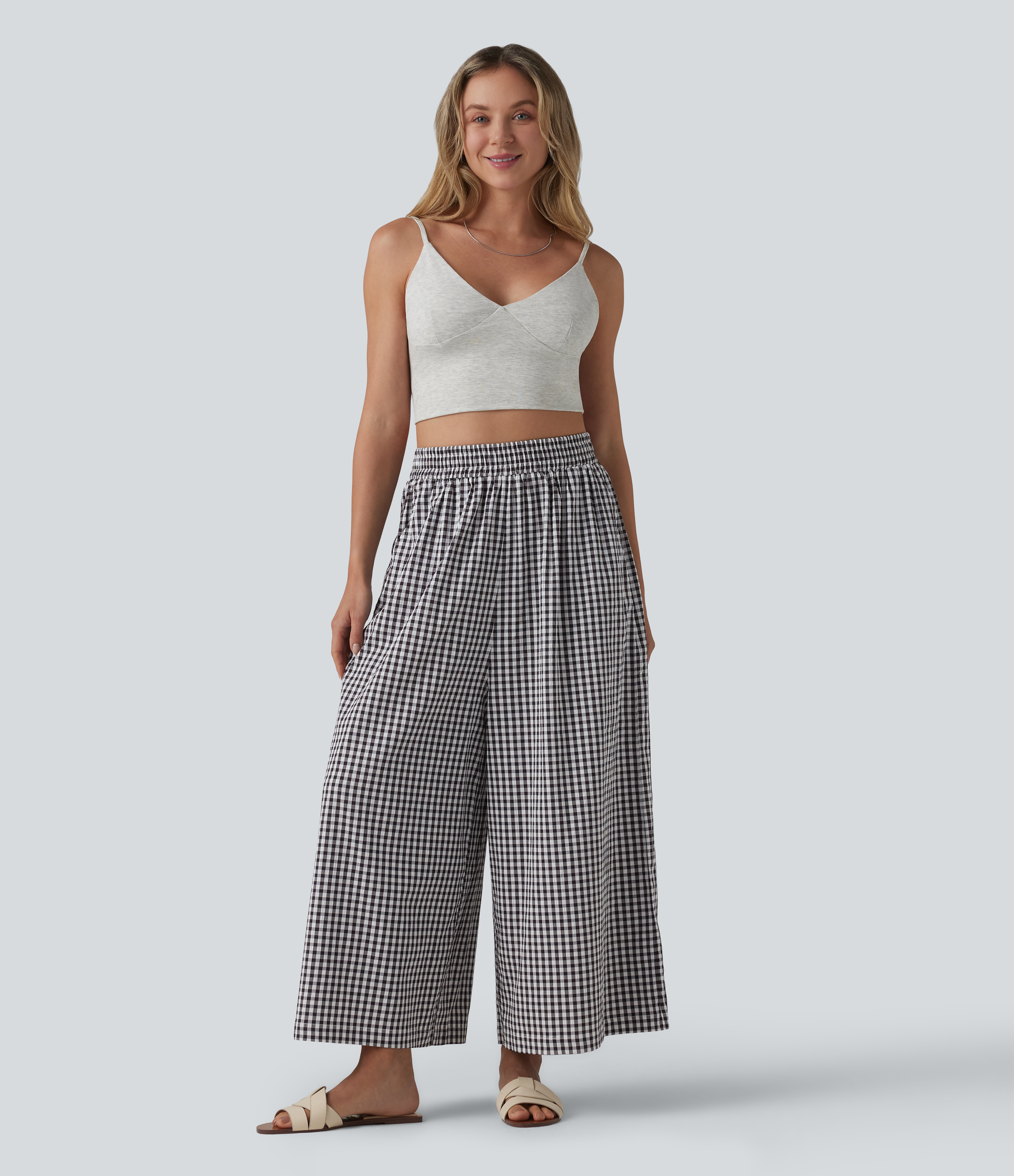 Pantalon casual baggy à carreaux taille haute avec poches