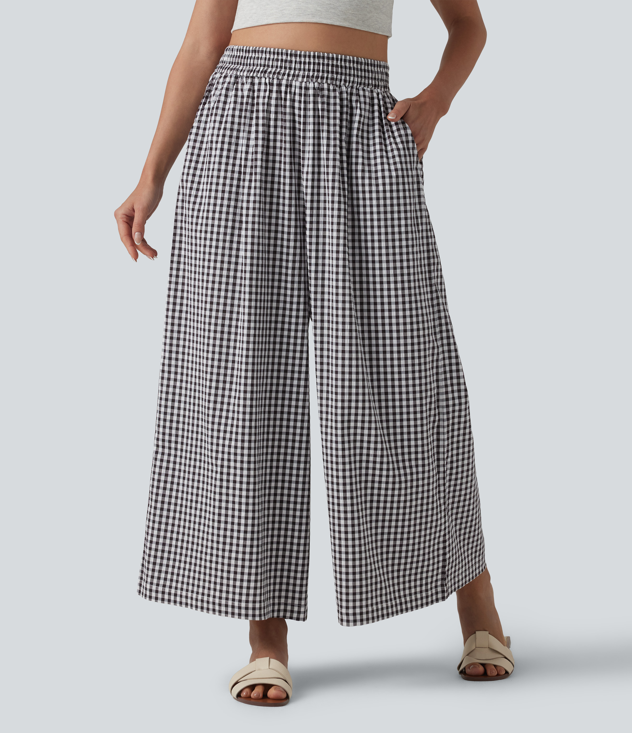 High Waisted Baggy Plaid Casual Pants with Pockets