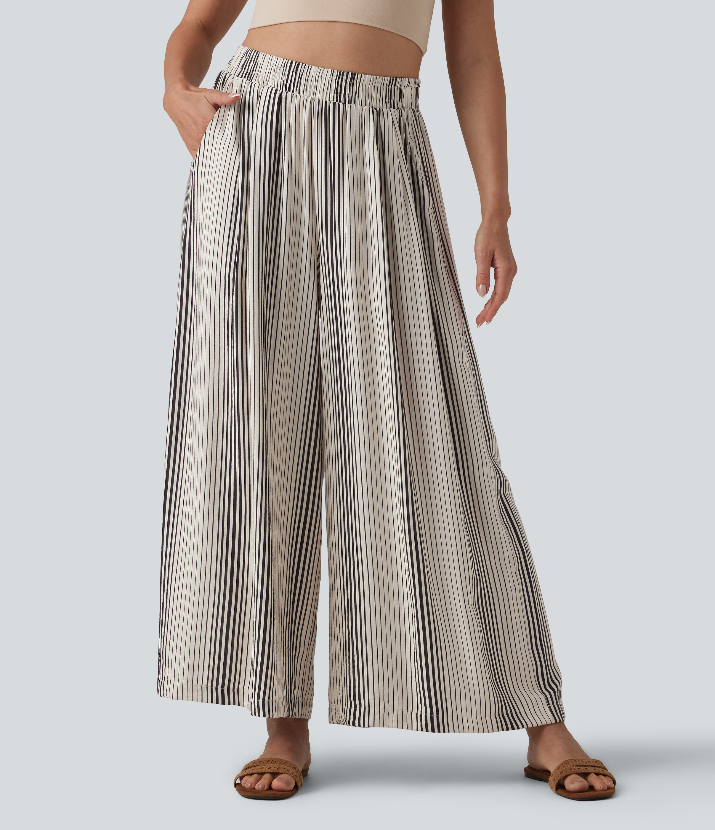 Pantalon large 7/8 taille haute à rayures avec poches