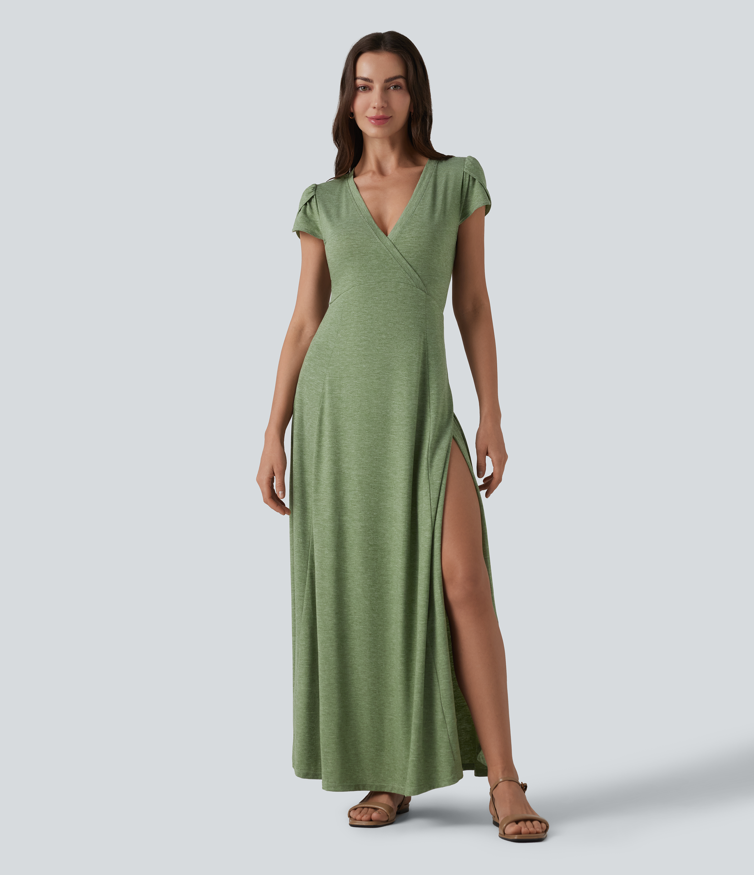 V Neck Short Sleeve Flowy Maxi Casual Dress