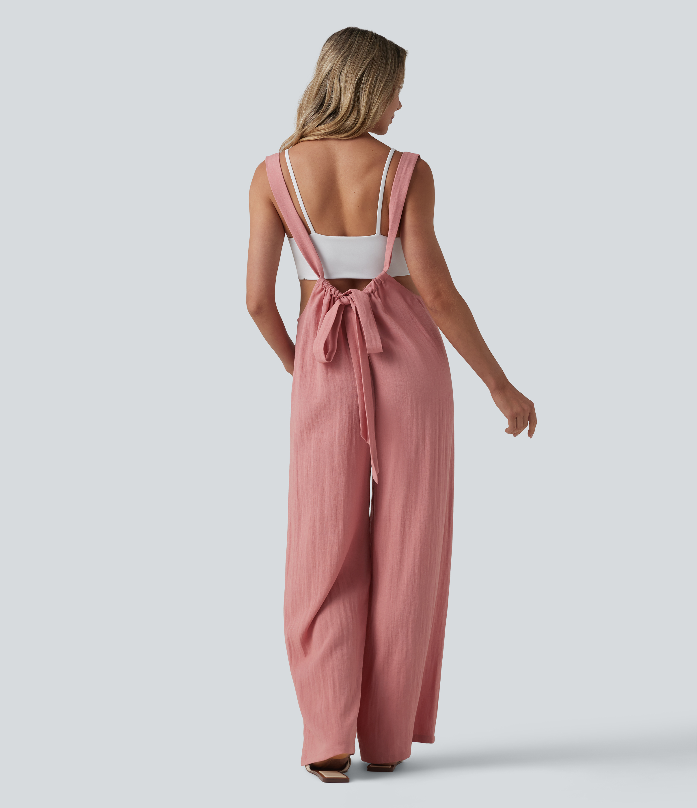 Tie Back Linen-Feel Overalls with Pockets
