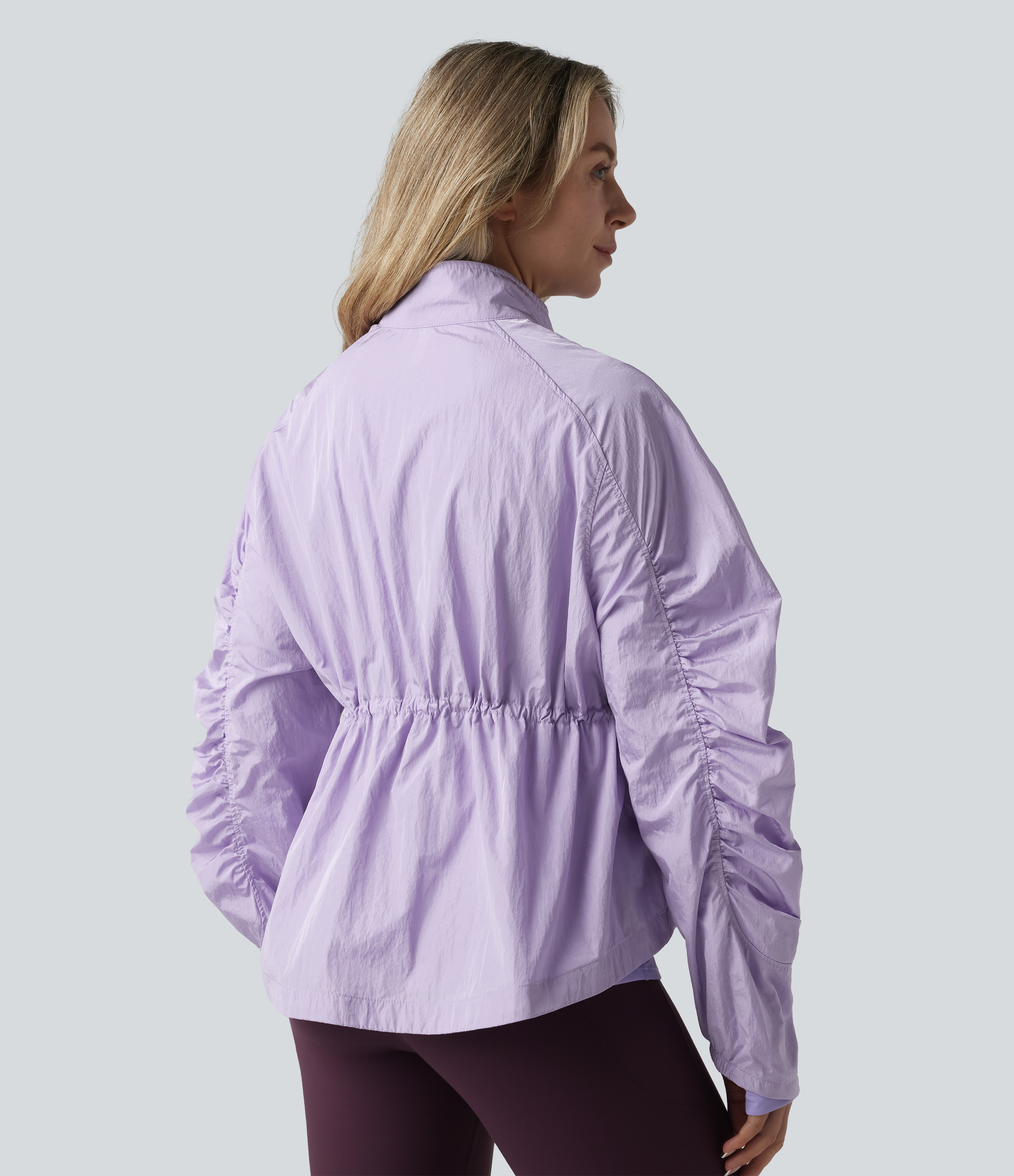 Pastel Lilac Durable Water Repellent Stand Collar Ruched Sleeve Drawstring Thumb Holes Hiking 3-in-1 Jacket with Pockets / 2