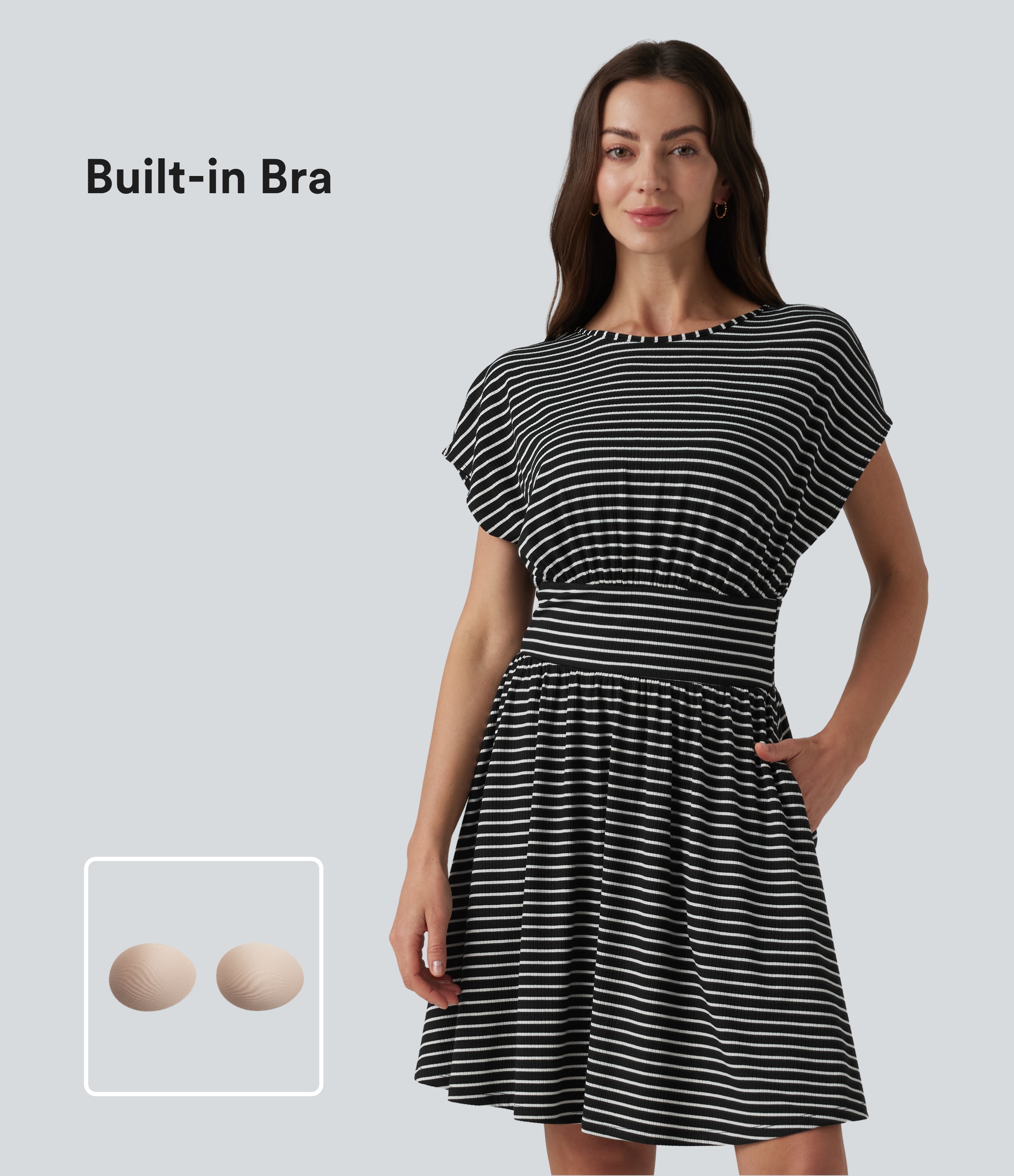 Round Neck Short Sleeve Built-in Bra Stripes Mini Casual Flowy Dress with Pockets