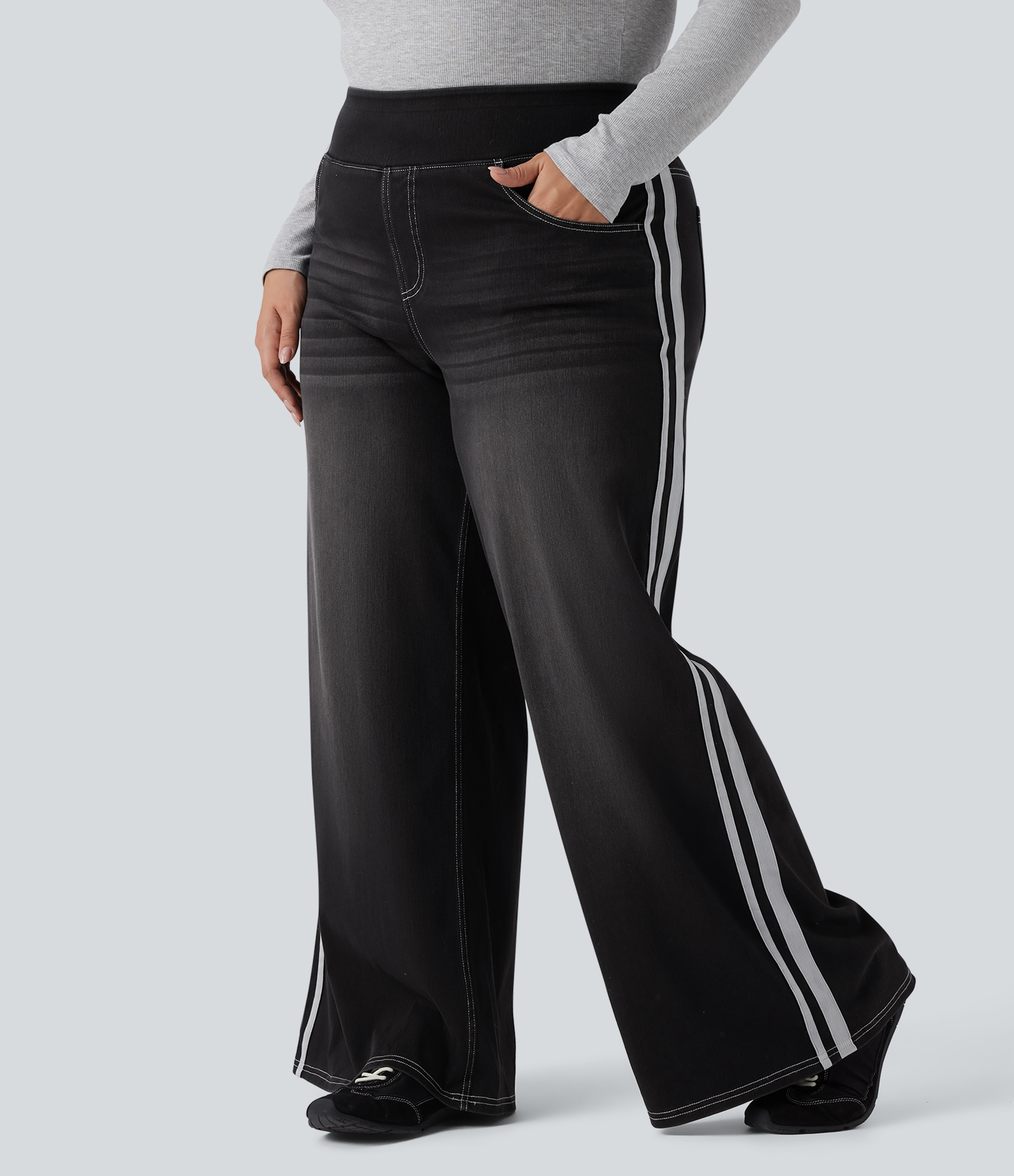 Halara Flex™ High Waisted Stripe Wide Leg Flowy Washed Casual Plus Size Jeans with Pockets