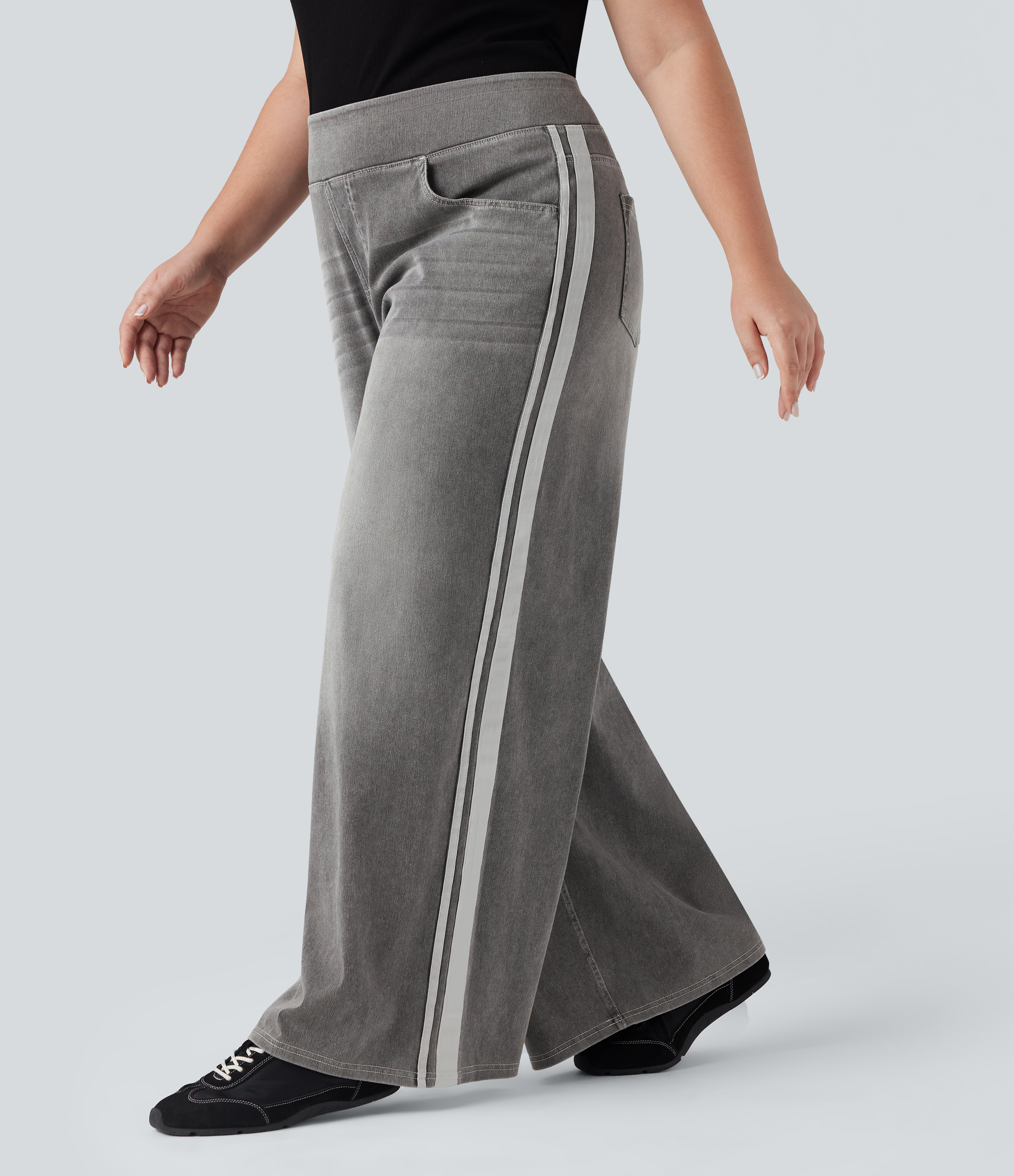 Halara Flex™ High Waisted Stripe Wide Leg Flowy Washed Casual Plus Size Jeans with Pockets