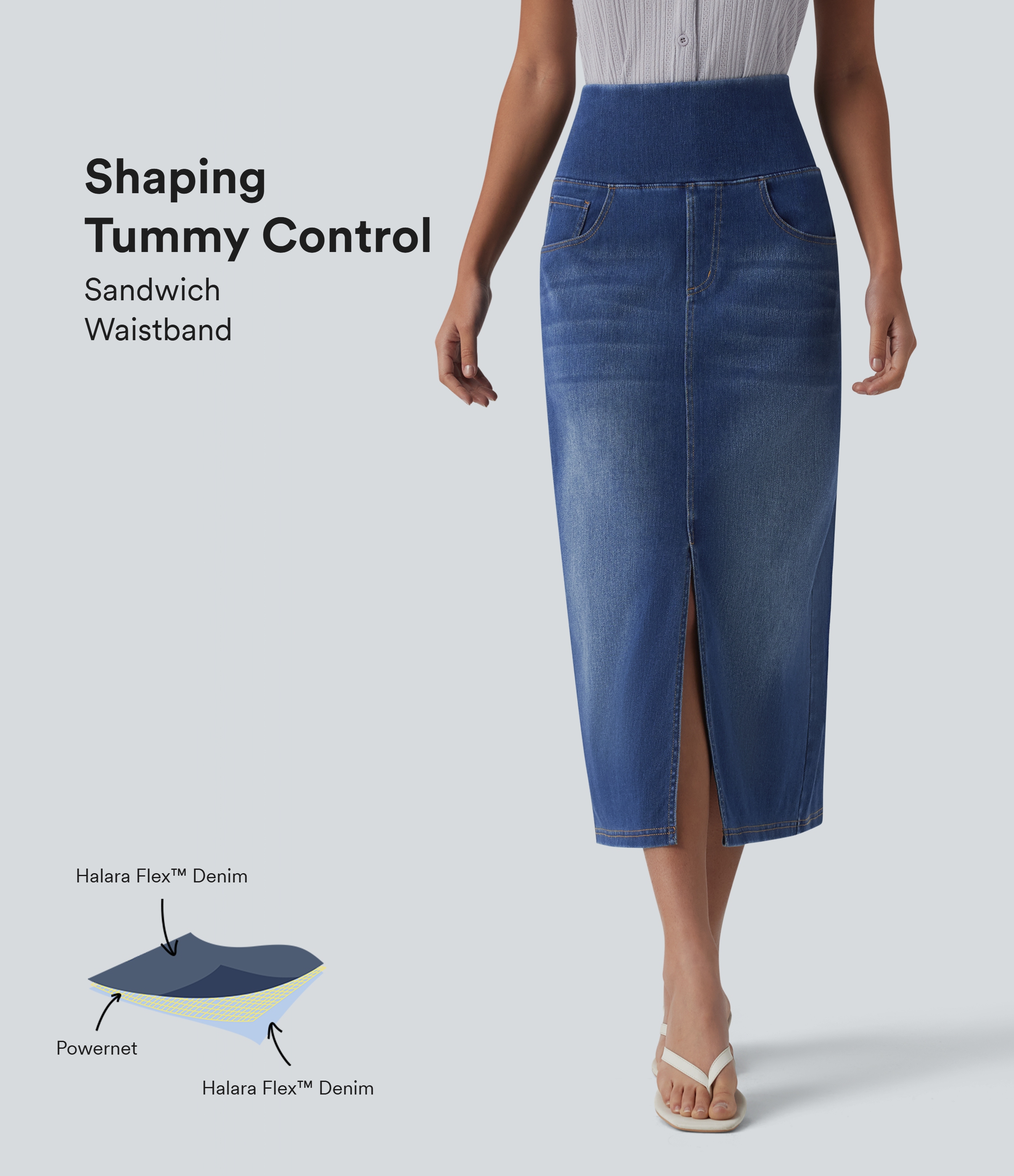 Halara Flex™ High Waisted Tummy Control Denim Midi Casual Skirt with Pockets