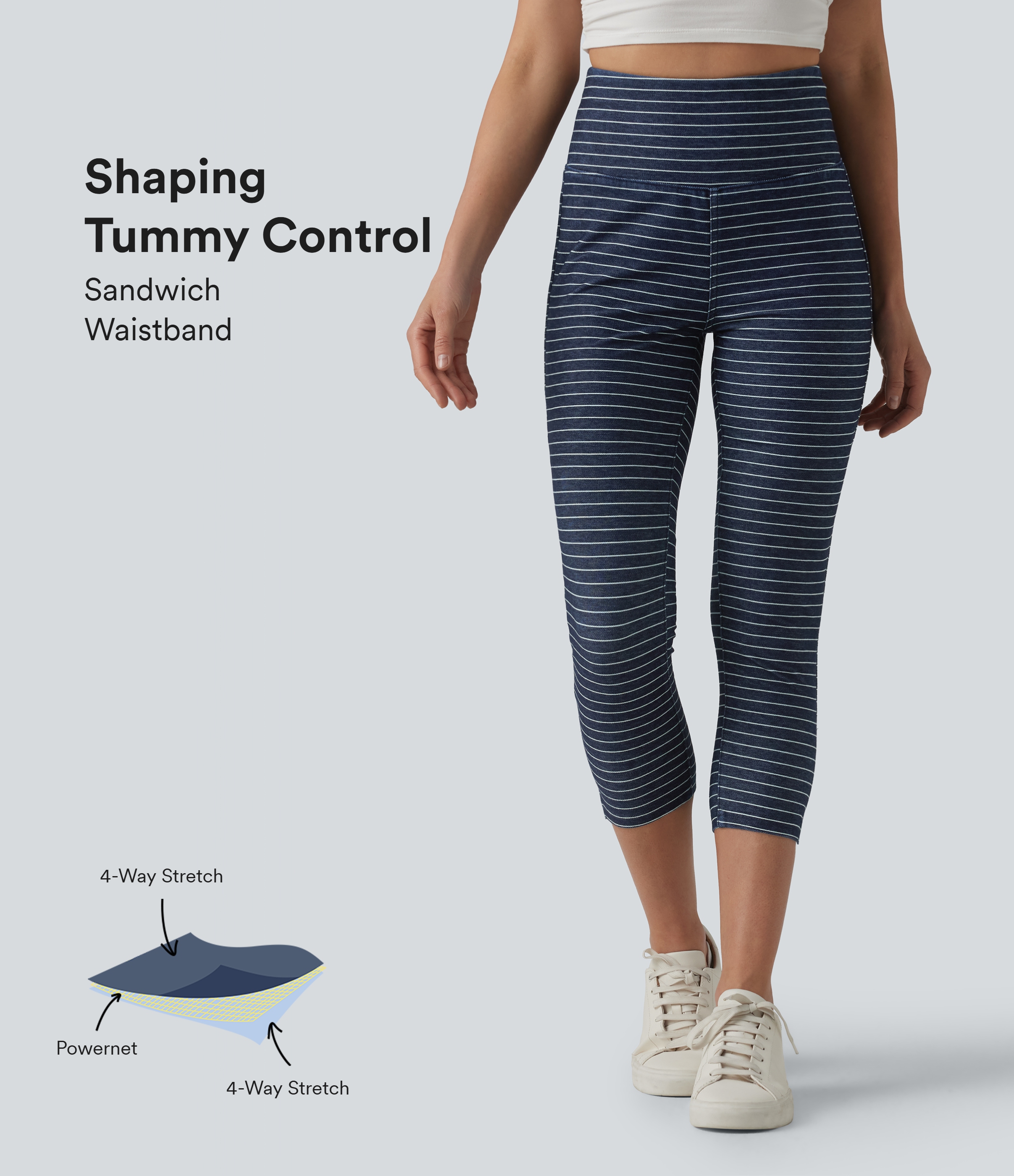 Halara Flex™ High Waisted Tummy Control Split Stripes Denim Casual Capri Leggings with Pockets