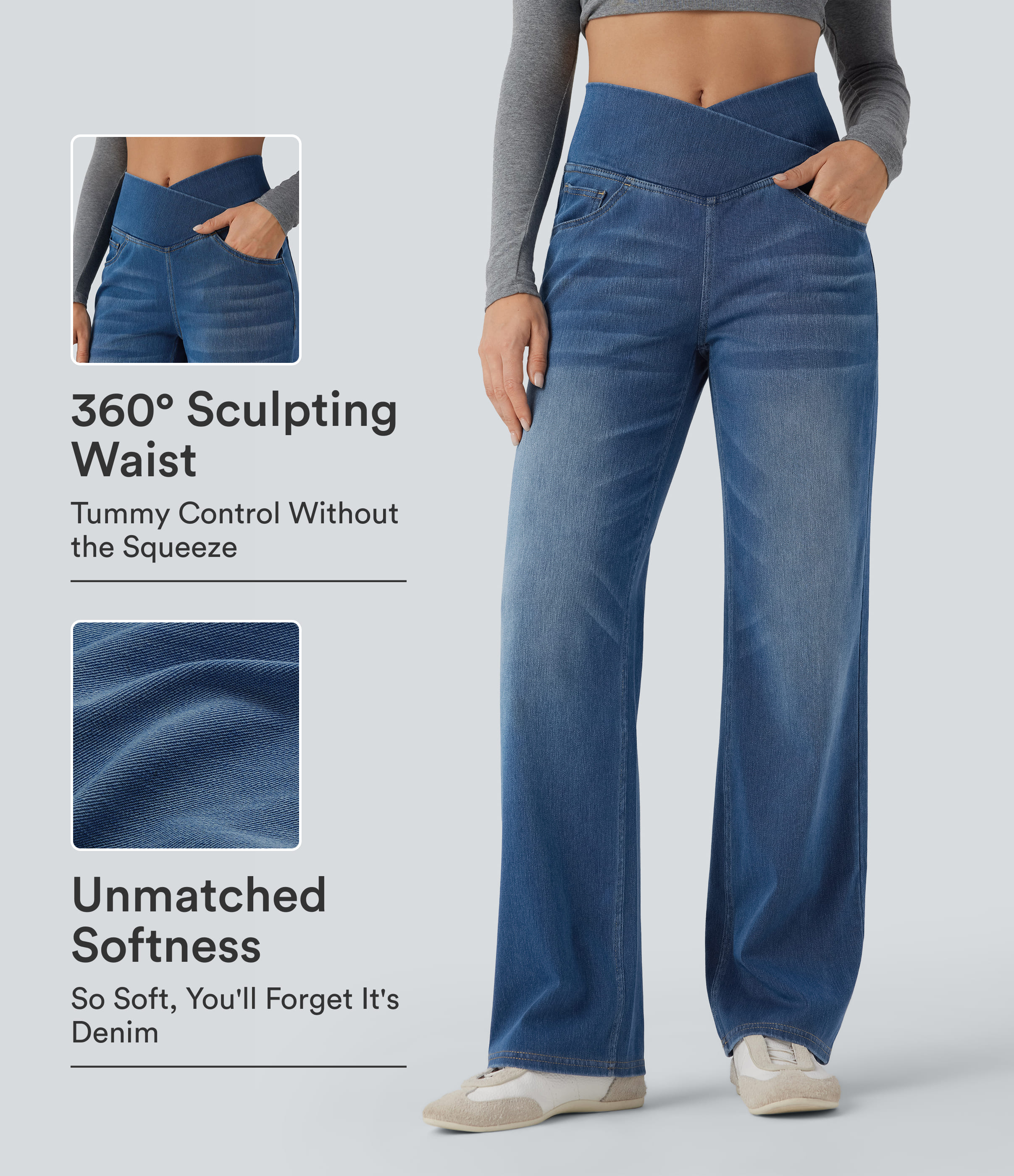 Halara Flex™ Crossover High Waisted Tummy Control Casual Straight Leg Jeans with Pockets