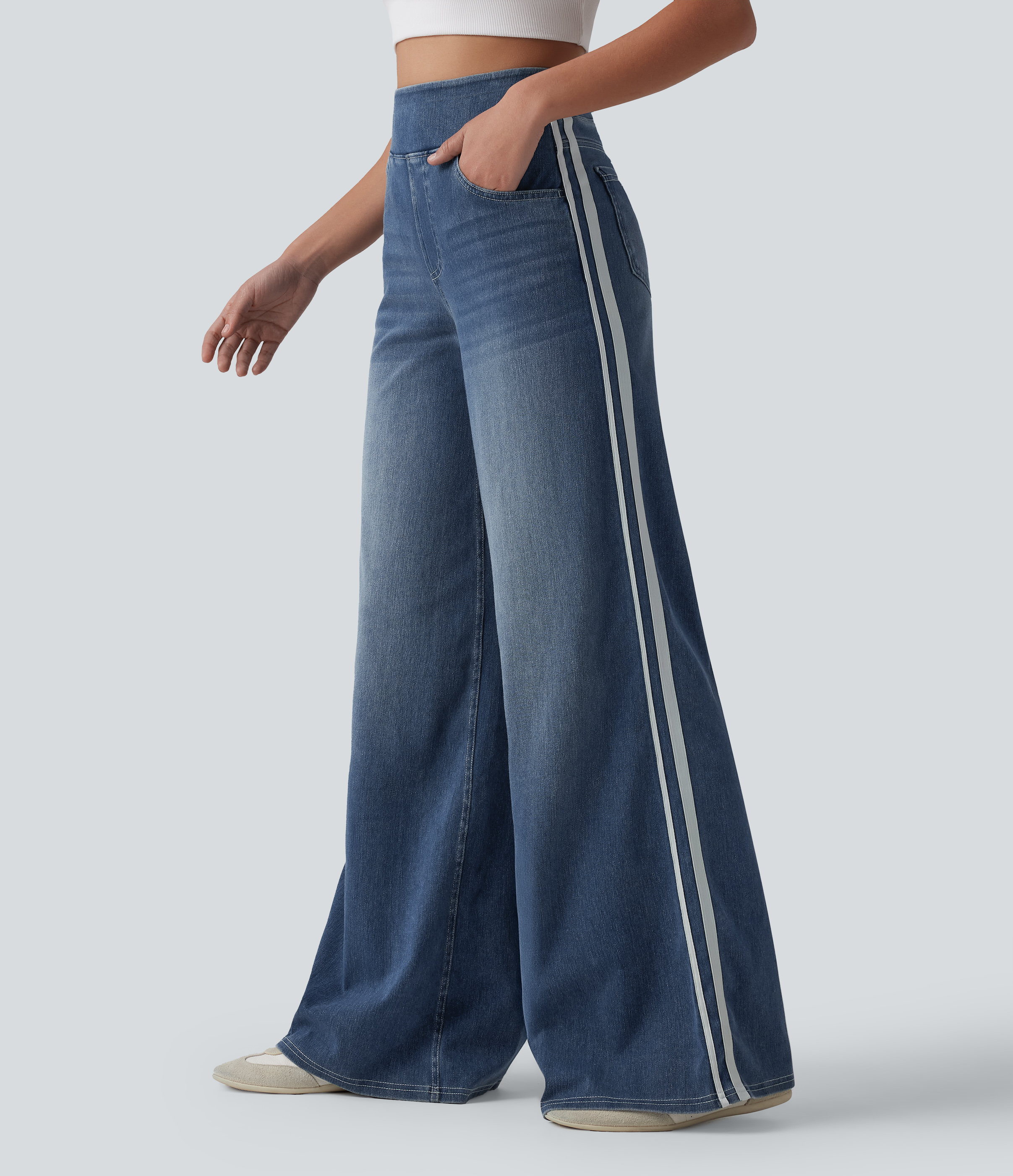 Halara Flex™ High Waisted Stripe Wide Leg Flowy Washed Casual Jeans with Pockets — Tide Blue Denim by Halara