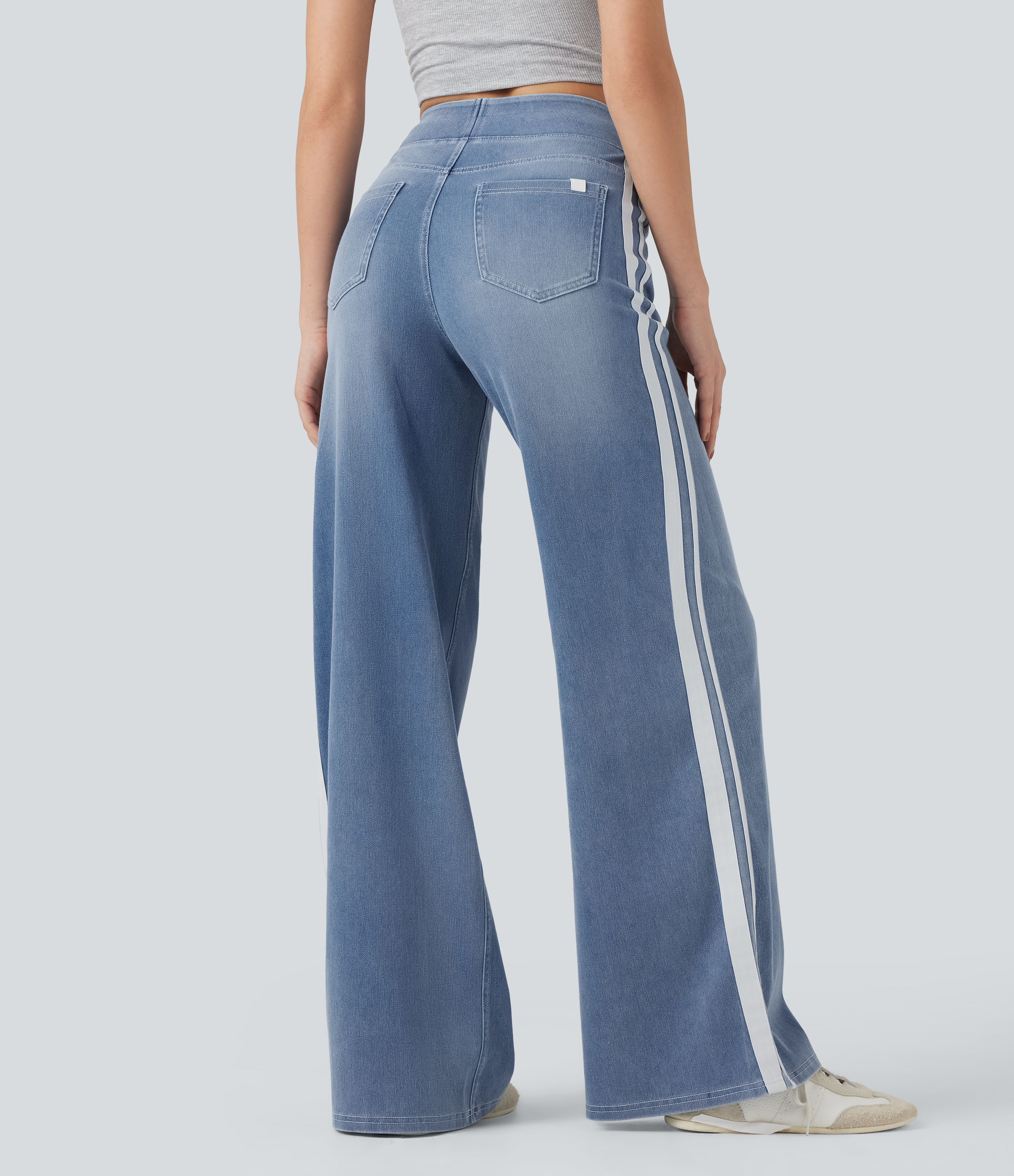 Powder Blue Denim Halara Flex™ High Waisted Stripe Wide Leg Flowy Washed Casual Jeans with Pockets / 2