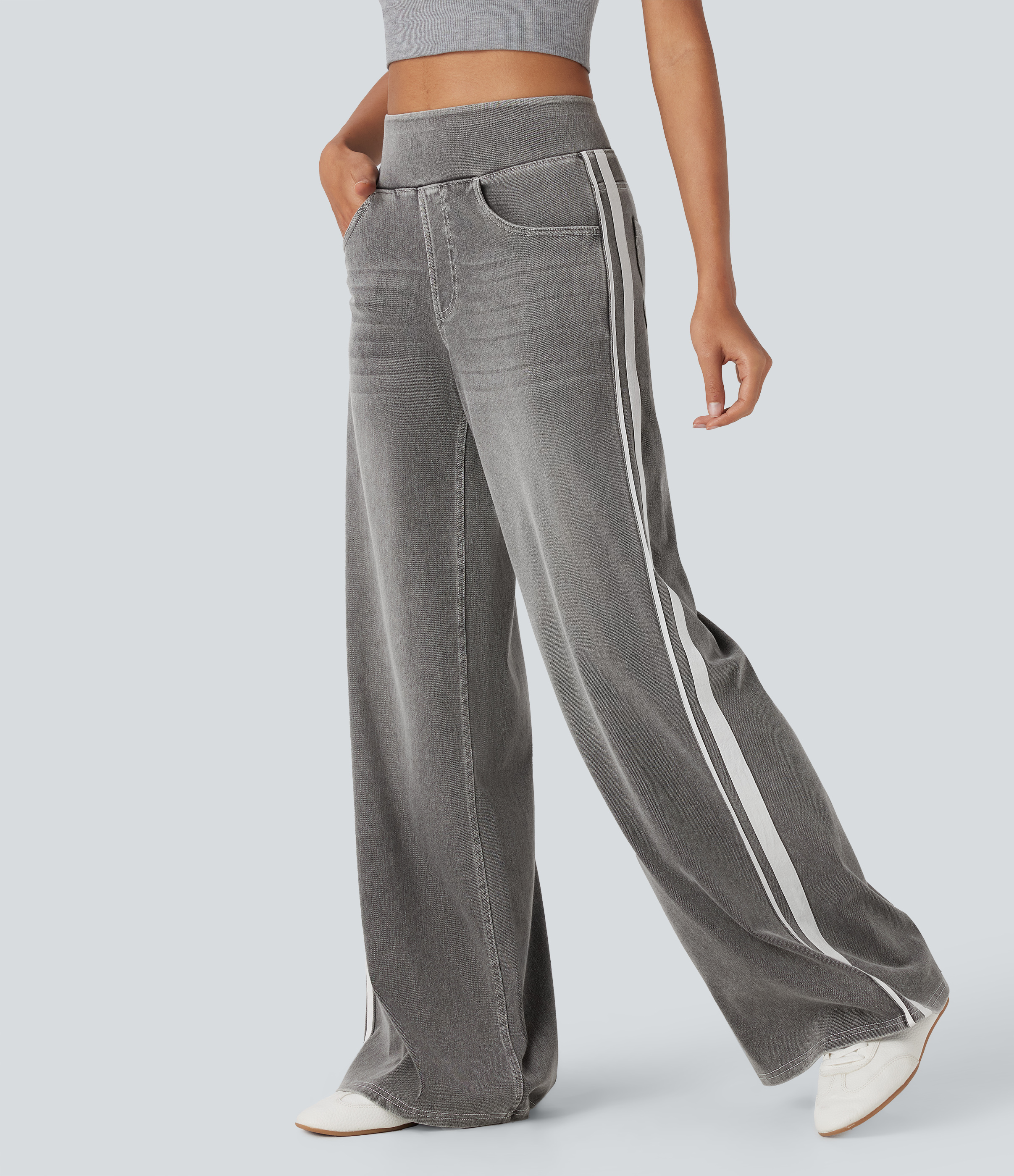 Halara Flex™ High Waisted Stripe Wide Leg Flowy Washed Casual Jeans with Pockets
