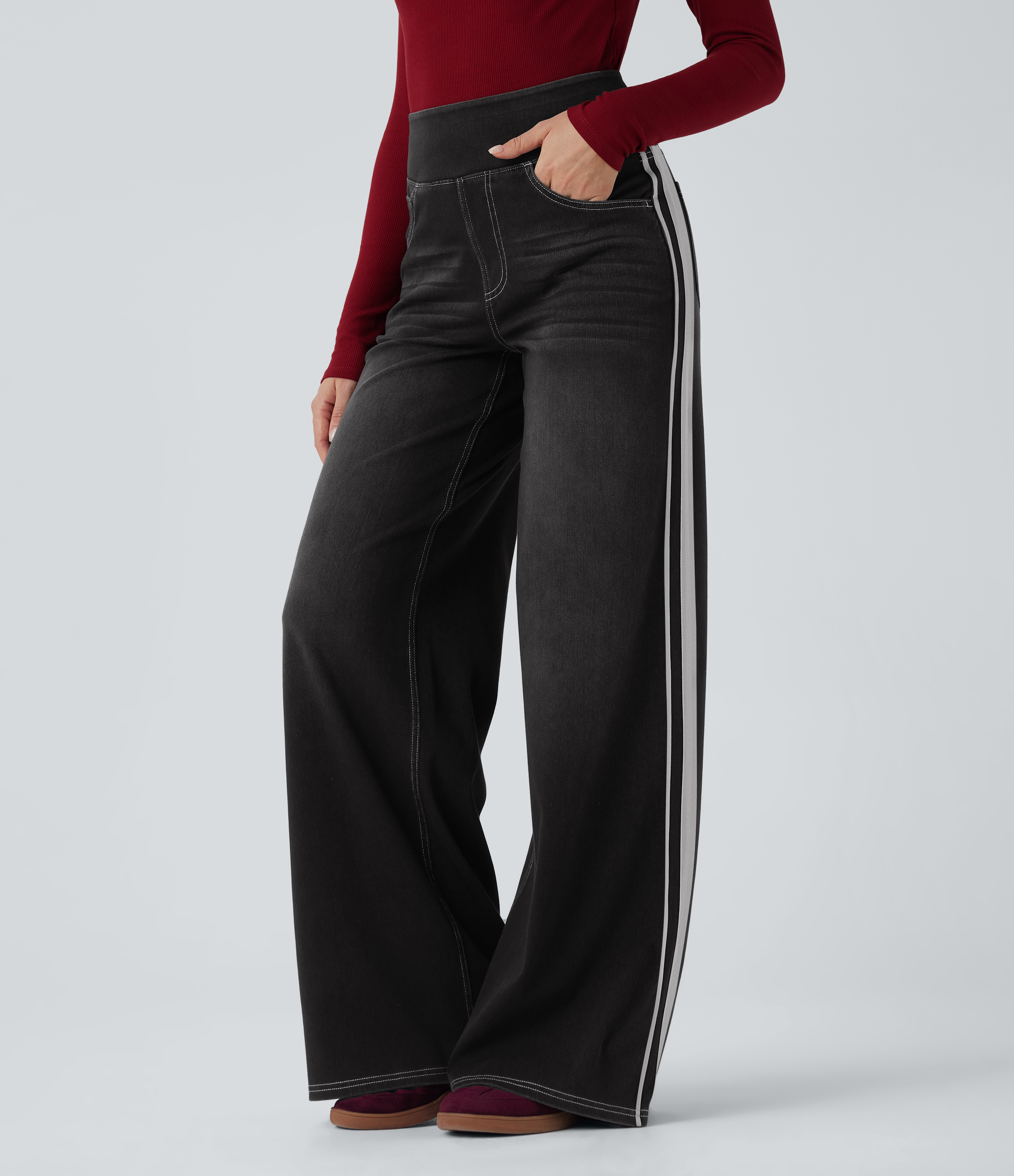 Halara Flex™ hoch taillierte, gestreifte, weit geschnittene, locker fallende Jeans im Washed-Look mit Taschen