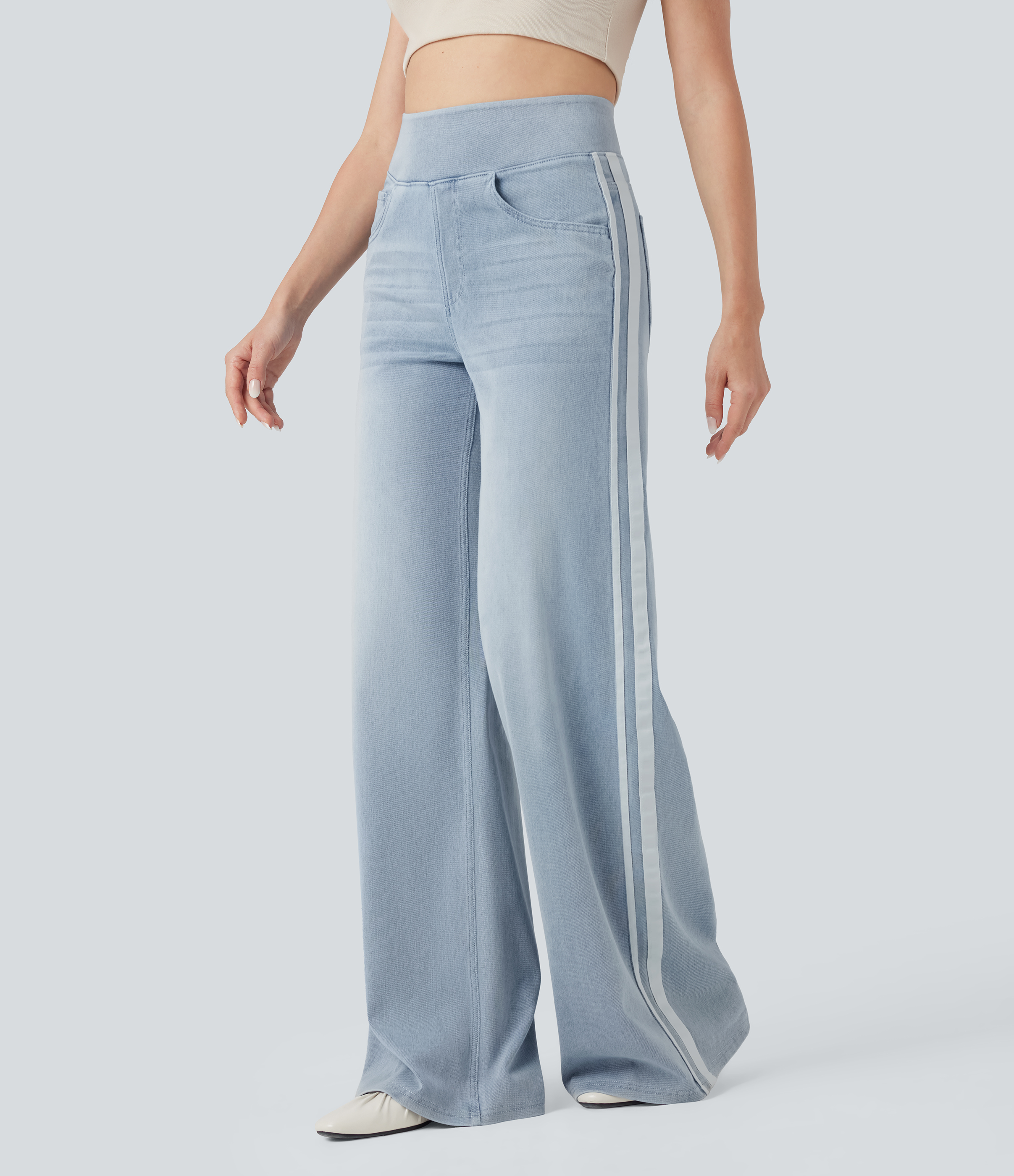 Halara Flex™ High Waisted Stripe Wide Leg Flowy Washed Casual Jeans with Pockets — Ice Water Denim by Halara