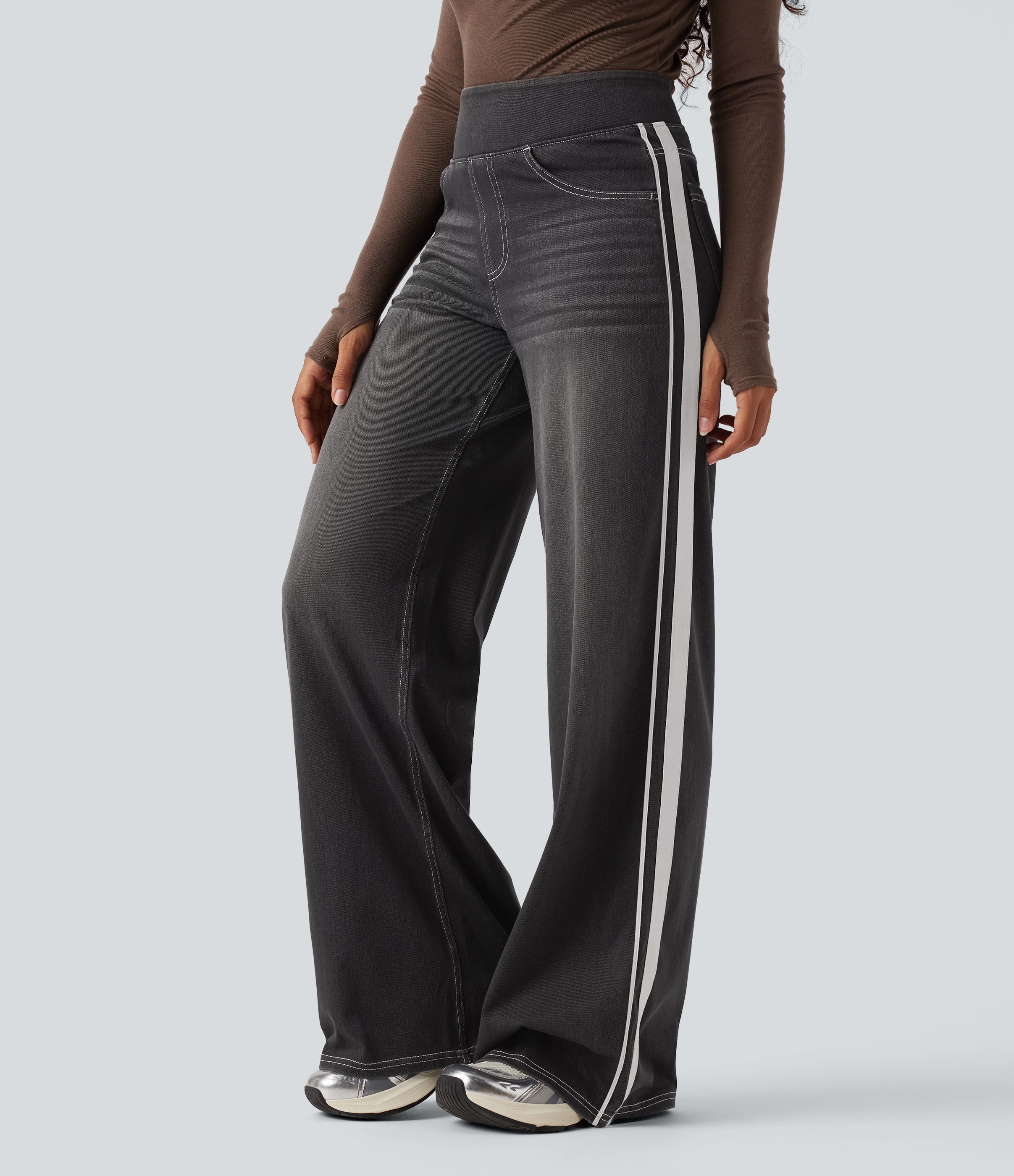 Halara Flex™ High Waisted Stripe Wide Leg Flowy Washed Casual Jeans with Pockets
