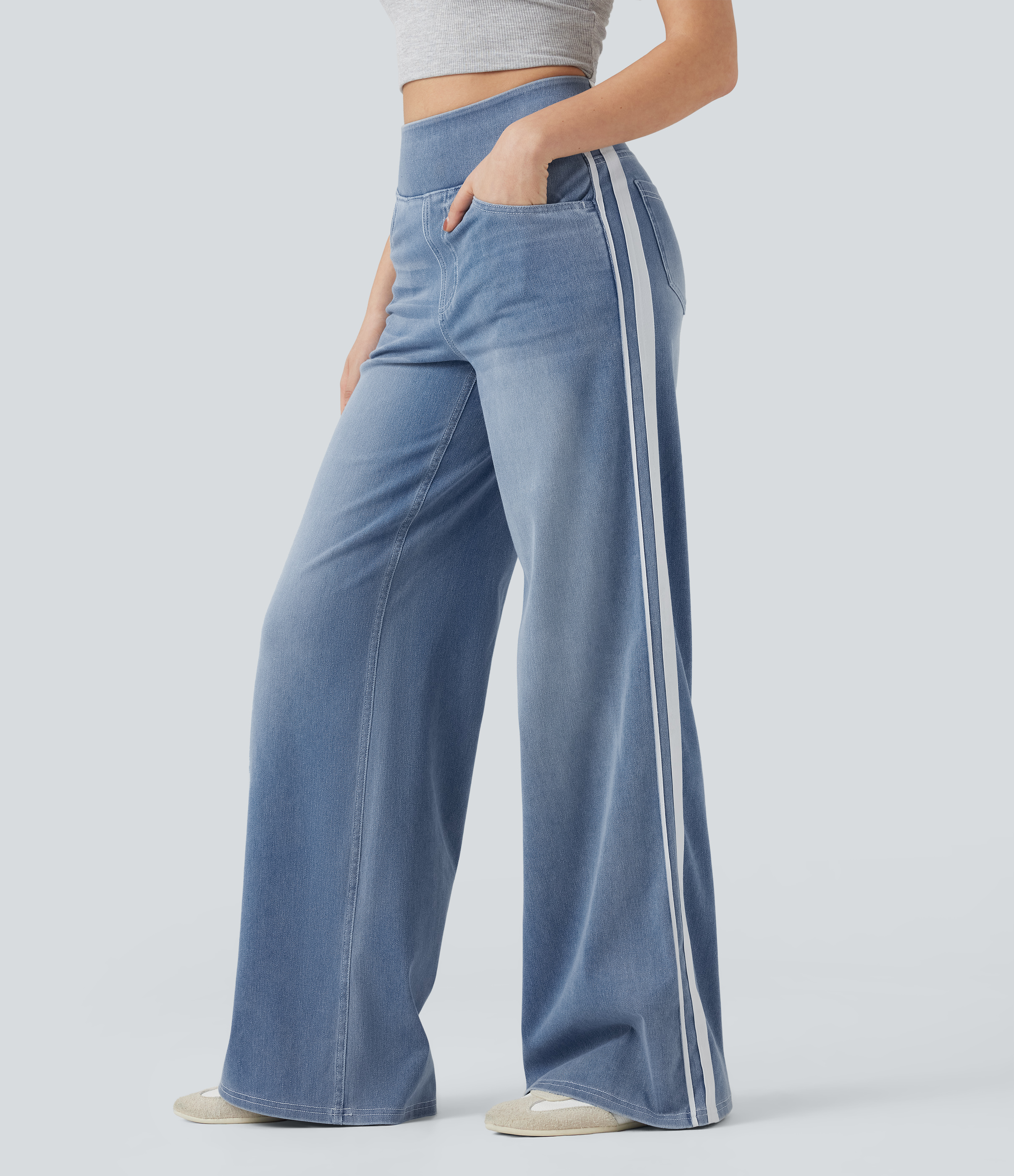 Halara Flex™ High Waisted Stripe Wide Leg Flowy Washed Casual Jeans with Pockets