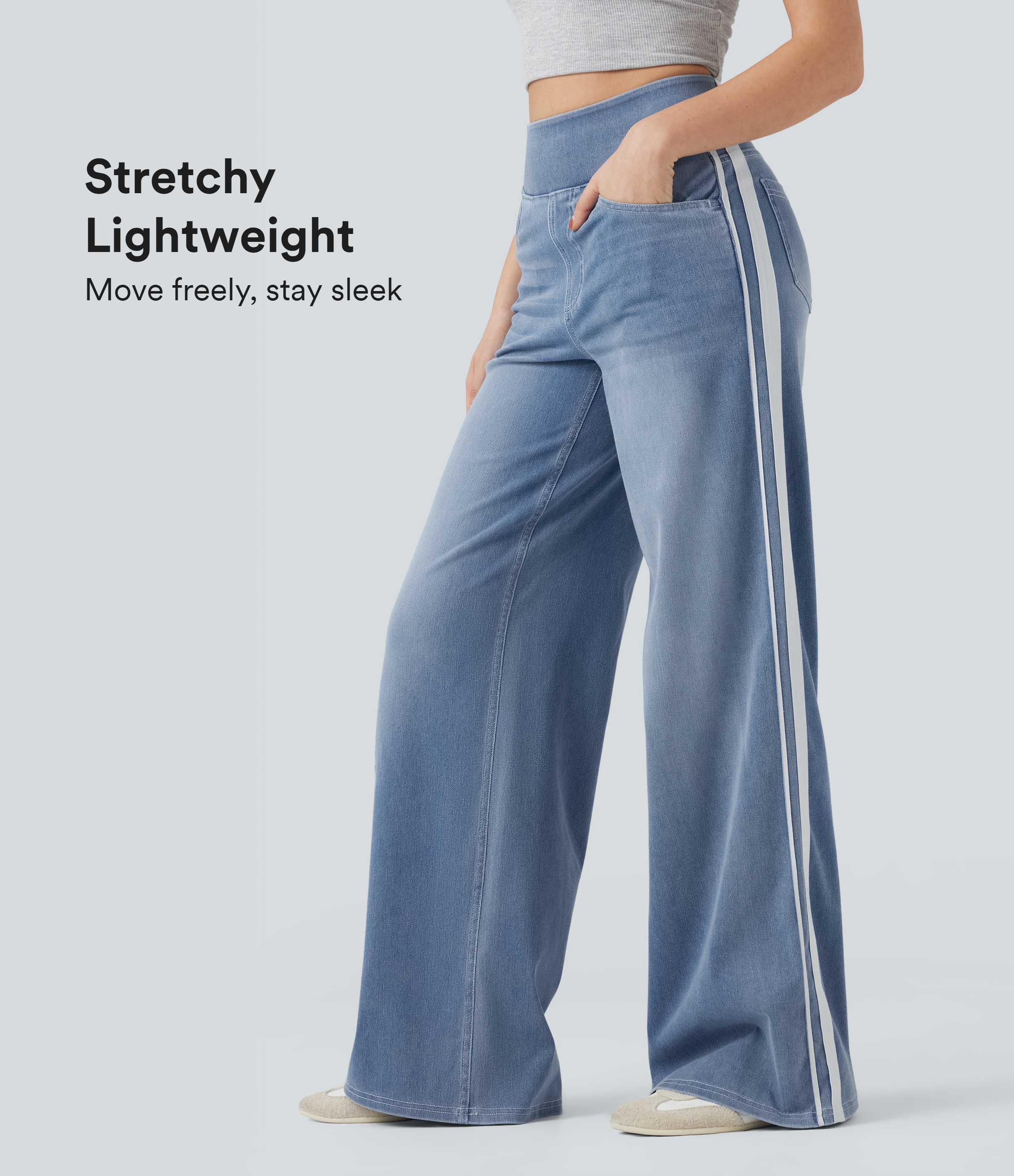 Halara Flex™ - Jeans casuales lavados con cintura alta, múltiples bolsillos, rayas y pierna ancha.