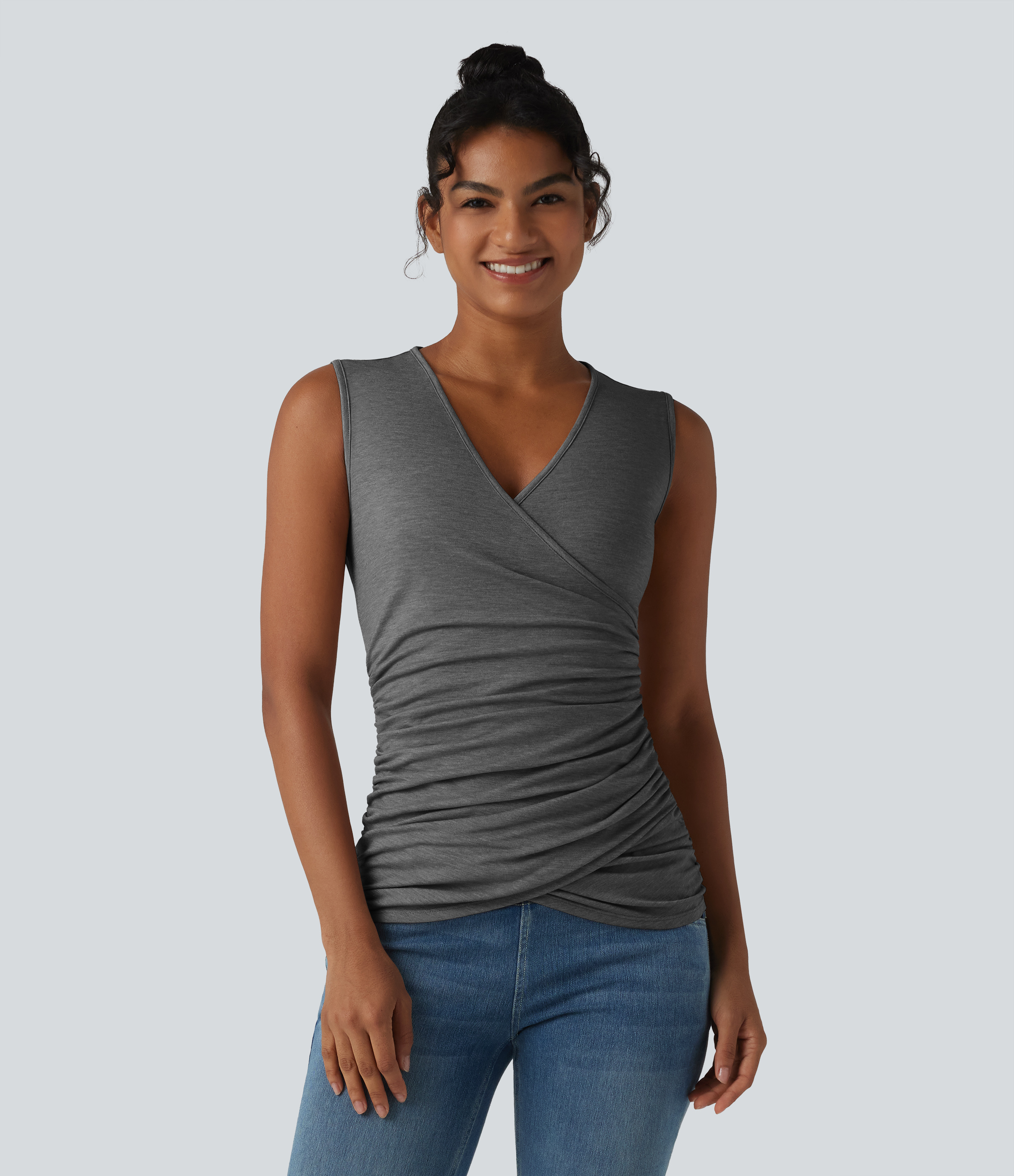 V Neck Crossvoer Ruched Casual Tank Top