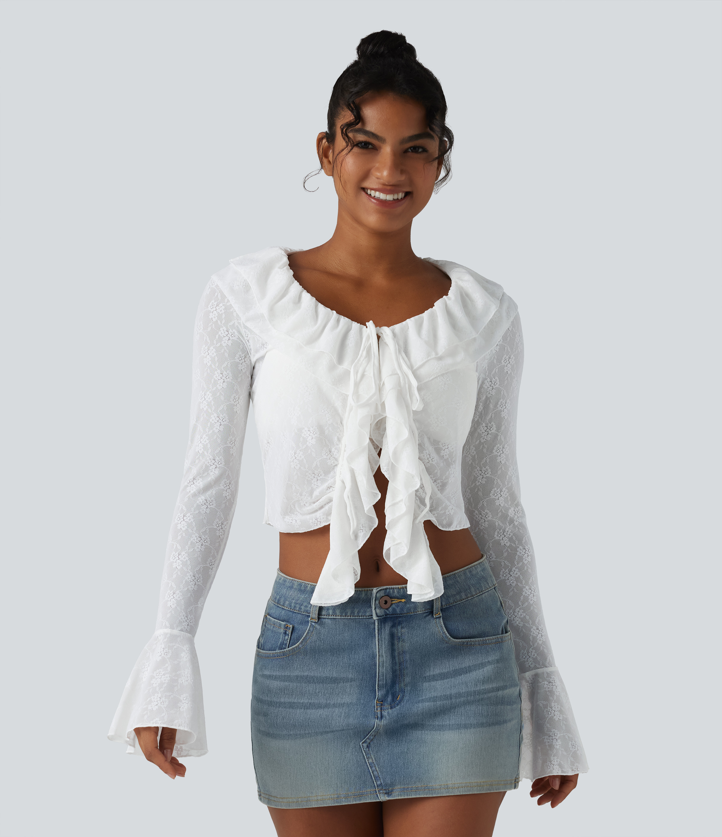 Tie-neck Flounce Long Sleeve  Asymmetric Ruffle Trim Casual Lace Top