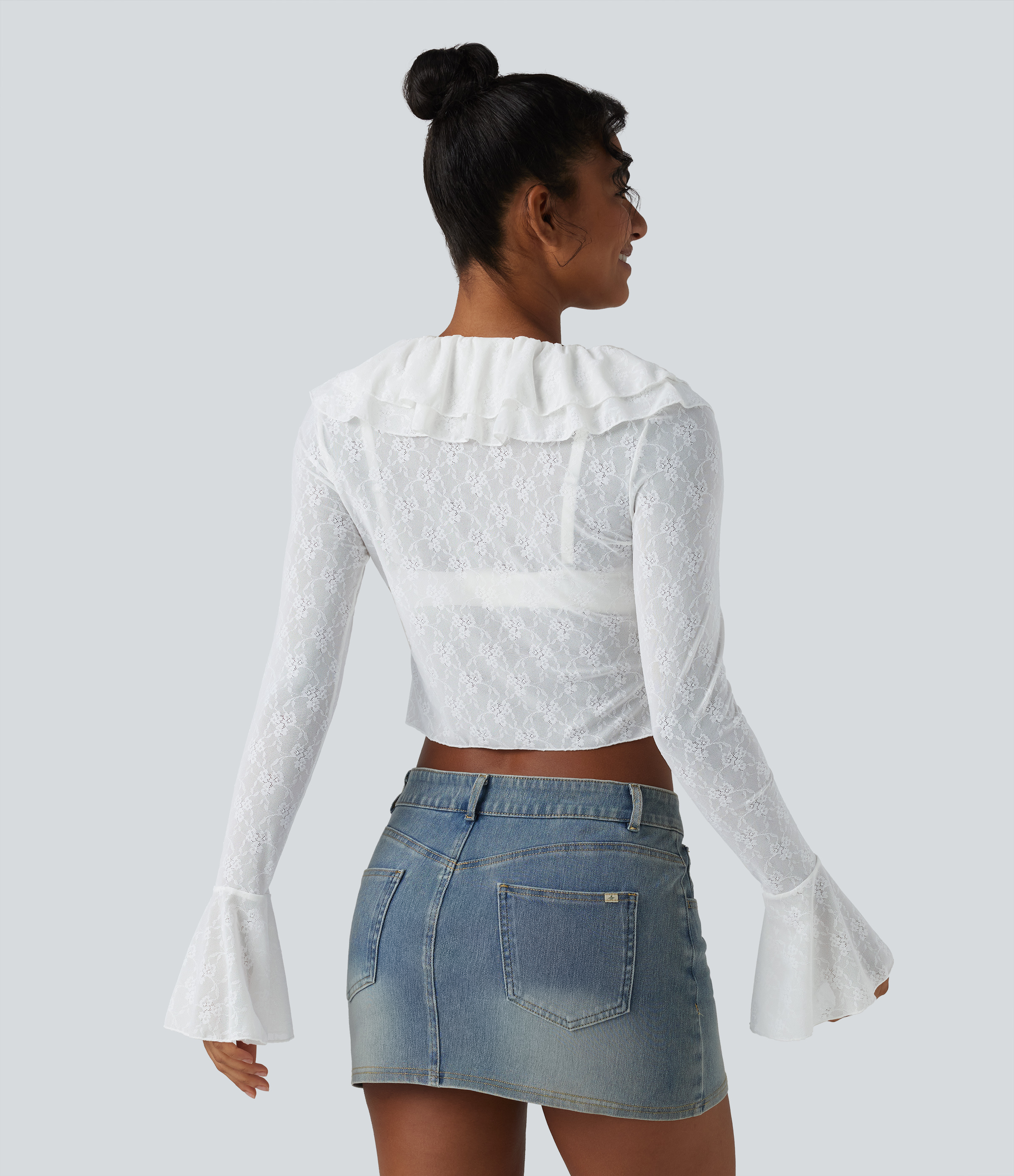 White Tie-neck Flounce Long Sleeve  Asymmetric Ruffle Trim Casual Lace Top / 2