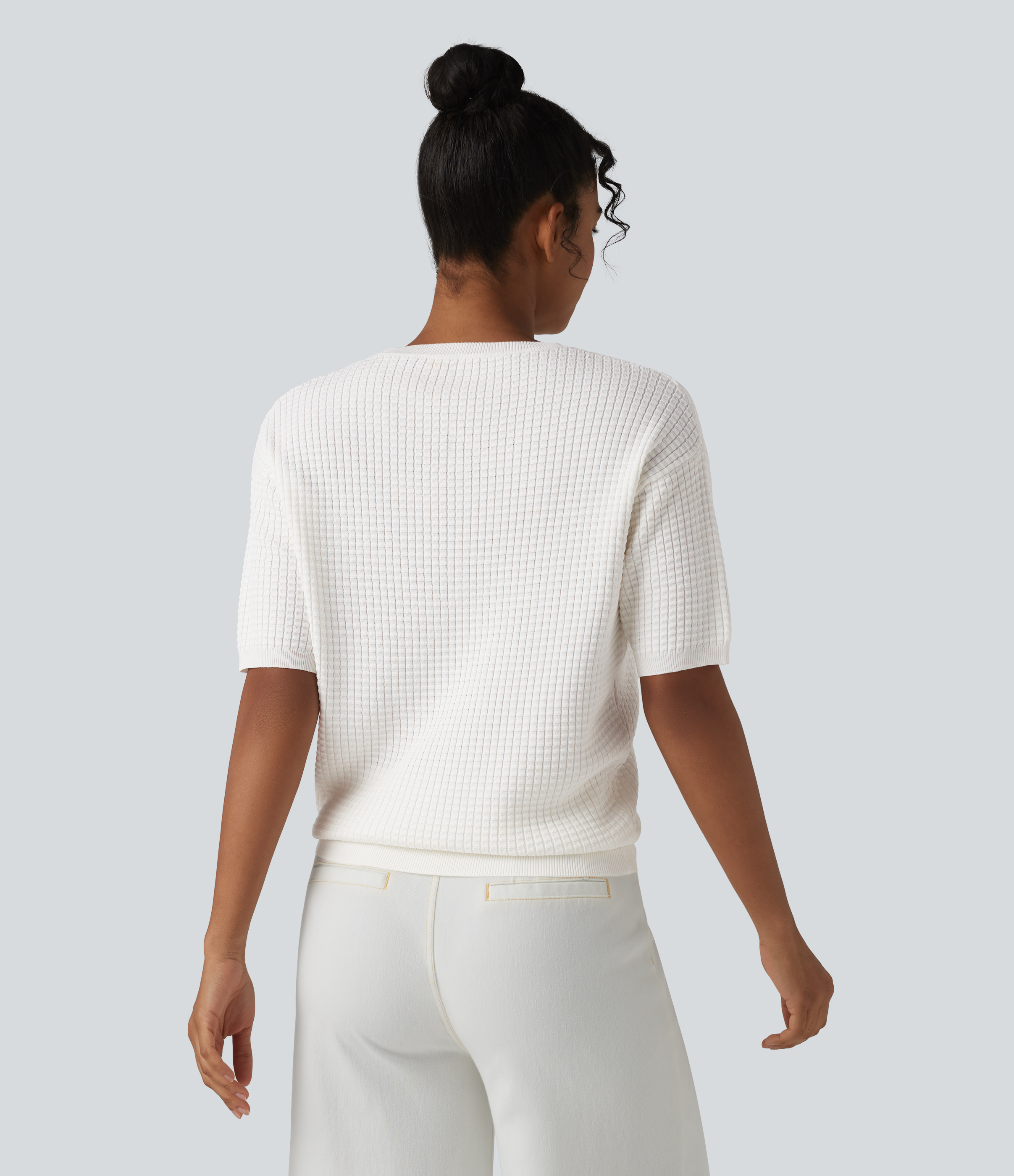 Jasmine White Round Neck Short Sleeve Waffle Casual Jumper / 2