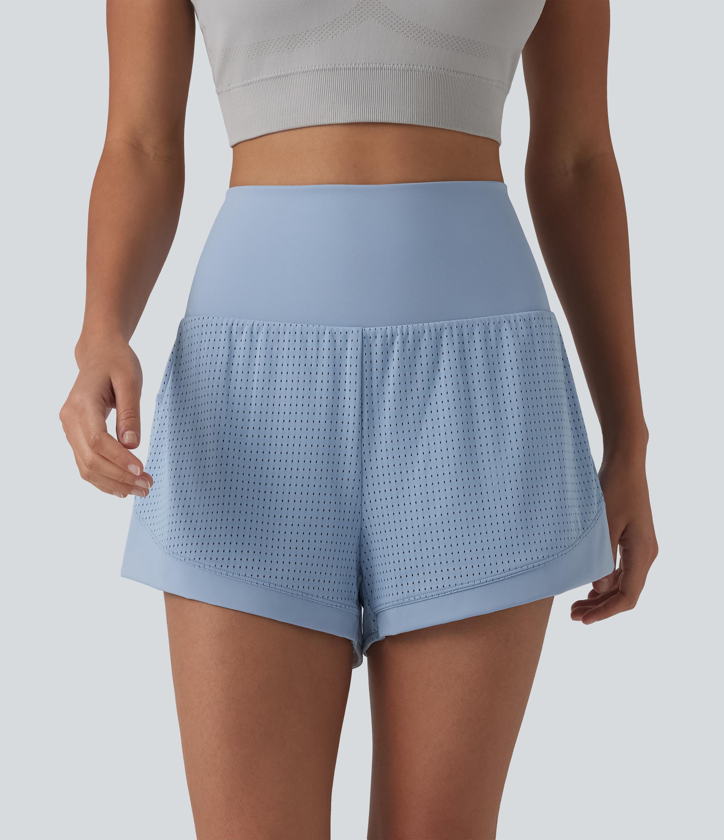 High Waisted Tummy Control Eyelet 2-in-1 Yoga Shorts 2.5'' with Pocket