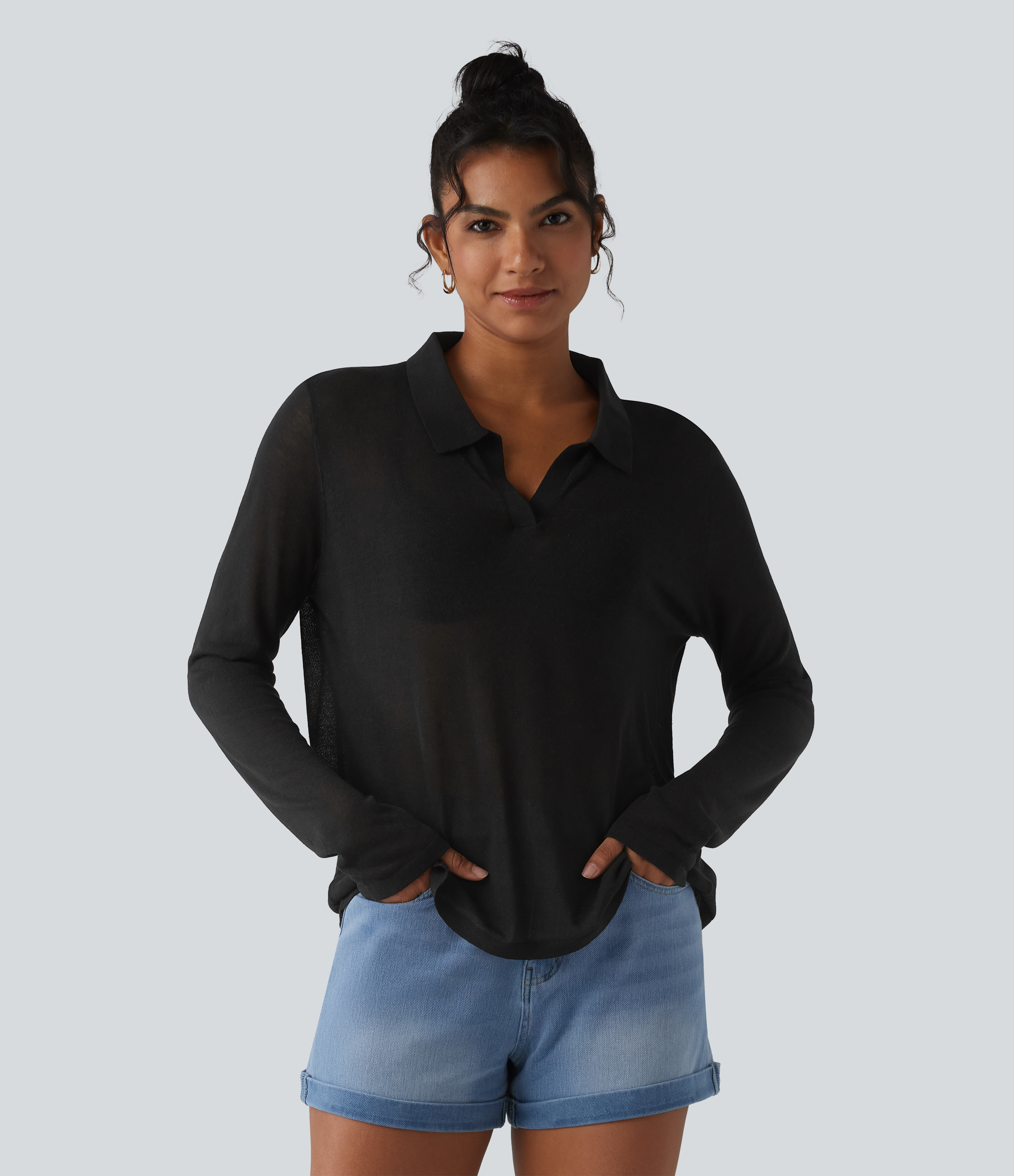 Polo Neck Long Sleeve Lyocell Linen Casual Sweater