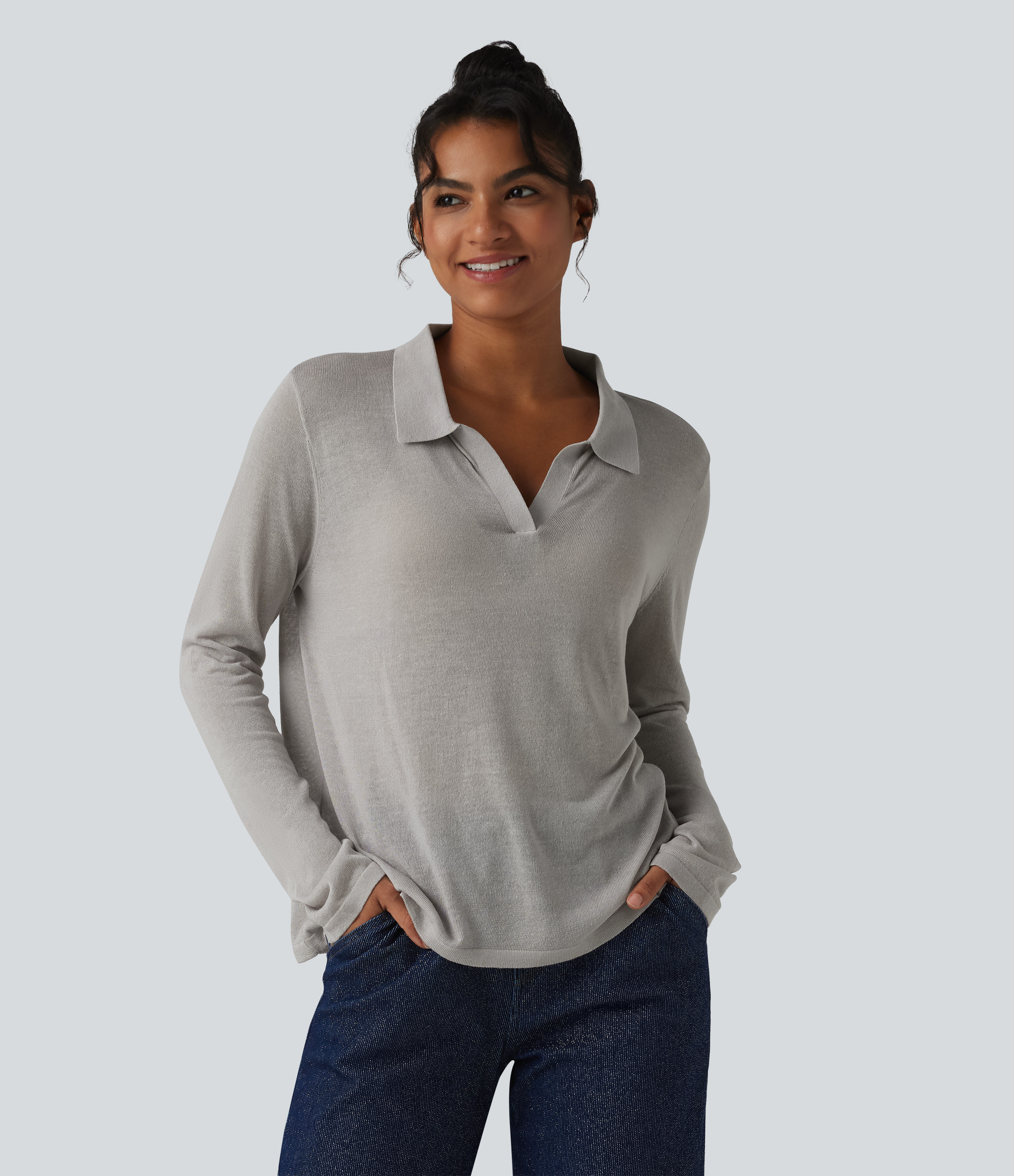Polo Neck Long Sleeve Lyocell Linen Casual Sweater